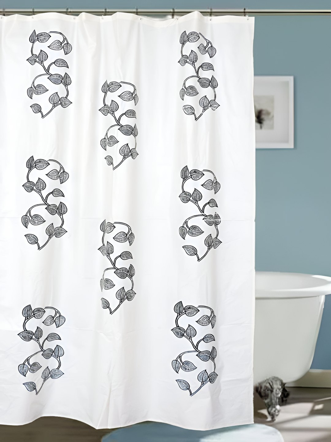 CASA-NEST White & Black Floral Printed Waterproof Shower Curtain