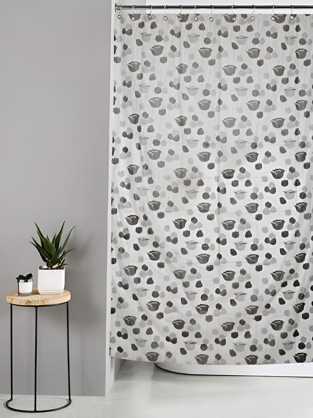 CASA-NEST Grey & White 9 Pieces Floral  Printed Shower Curtains With Hooks