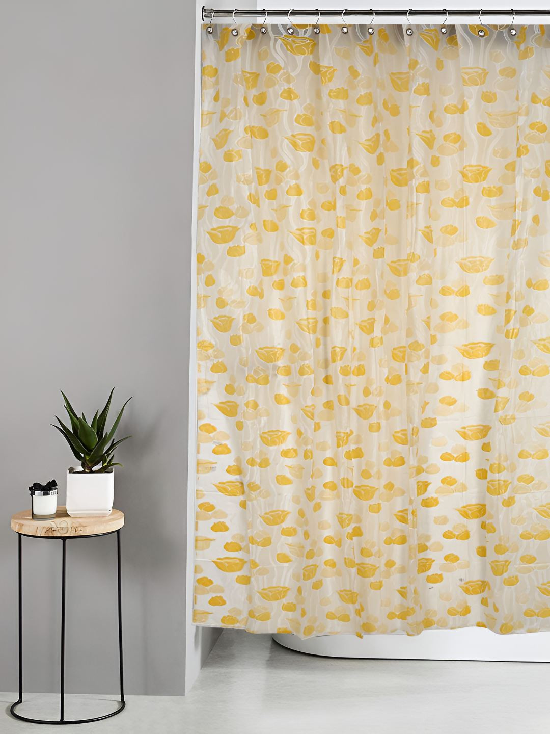 CASA-NEST Yellow & White 9 Pieces Floral Printed Shower Curtain With Hooks