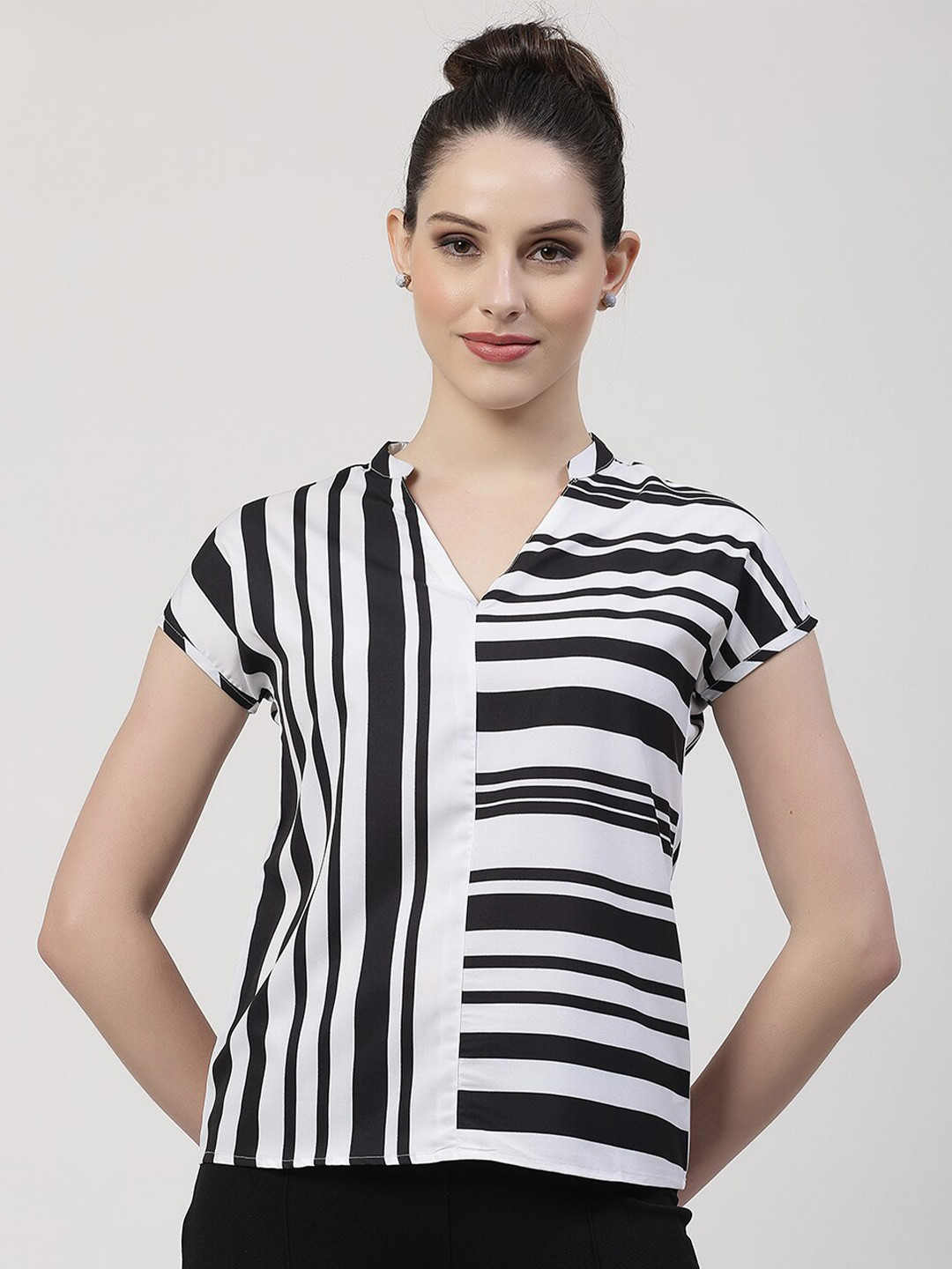OFFICE & YOU Striped Mandarin Collar Short Sleeves Opaque Satin Top