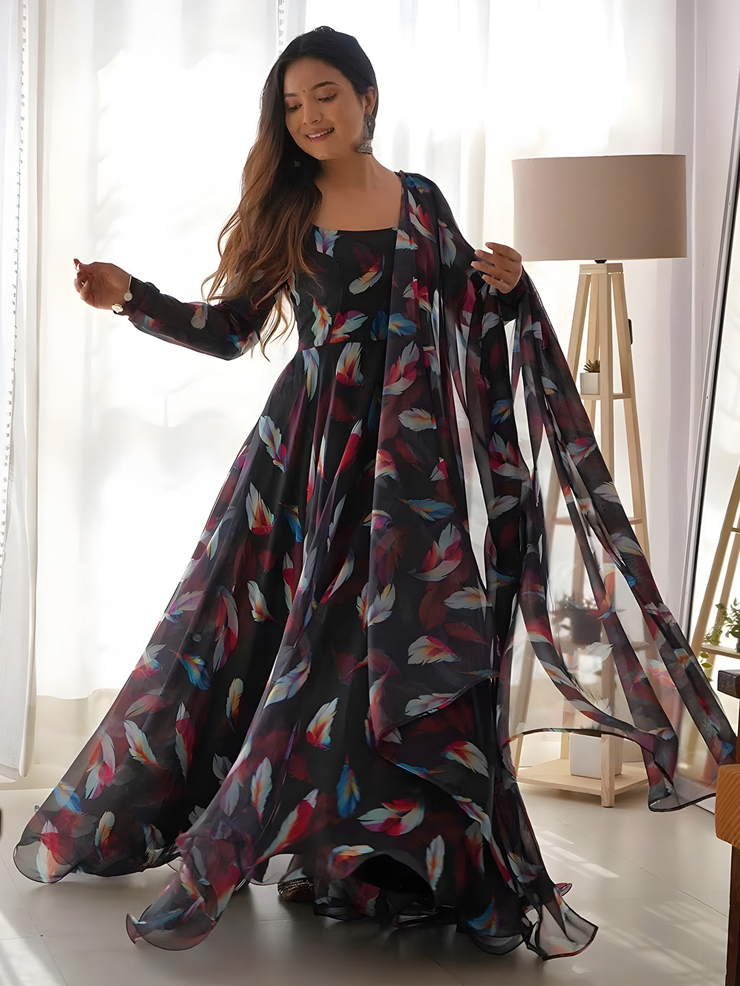 KALINI Tropical Printed Georgette Anarkali Maxi Ethnic Dress with Dupatta