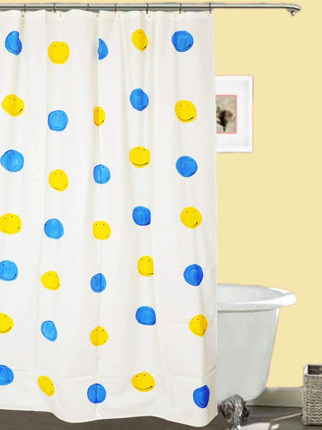 CASA-NEST White & Blue Smiley Printed Waterproof Shower Curtain