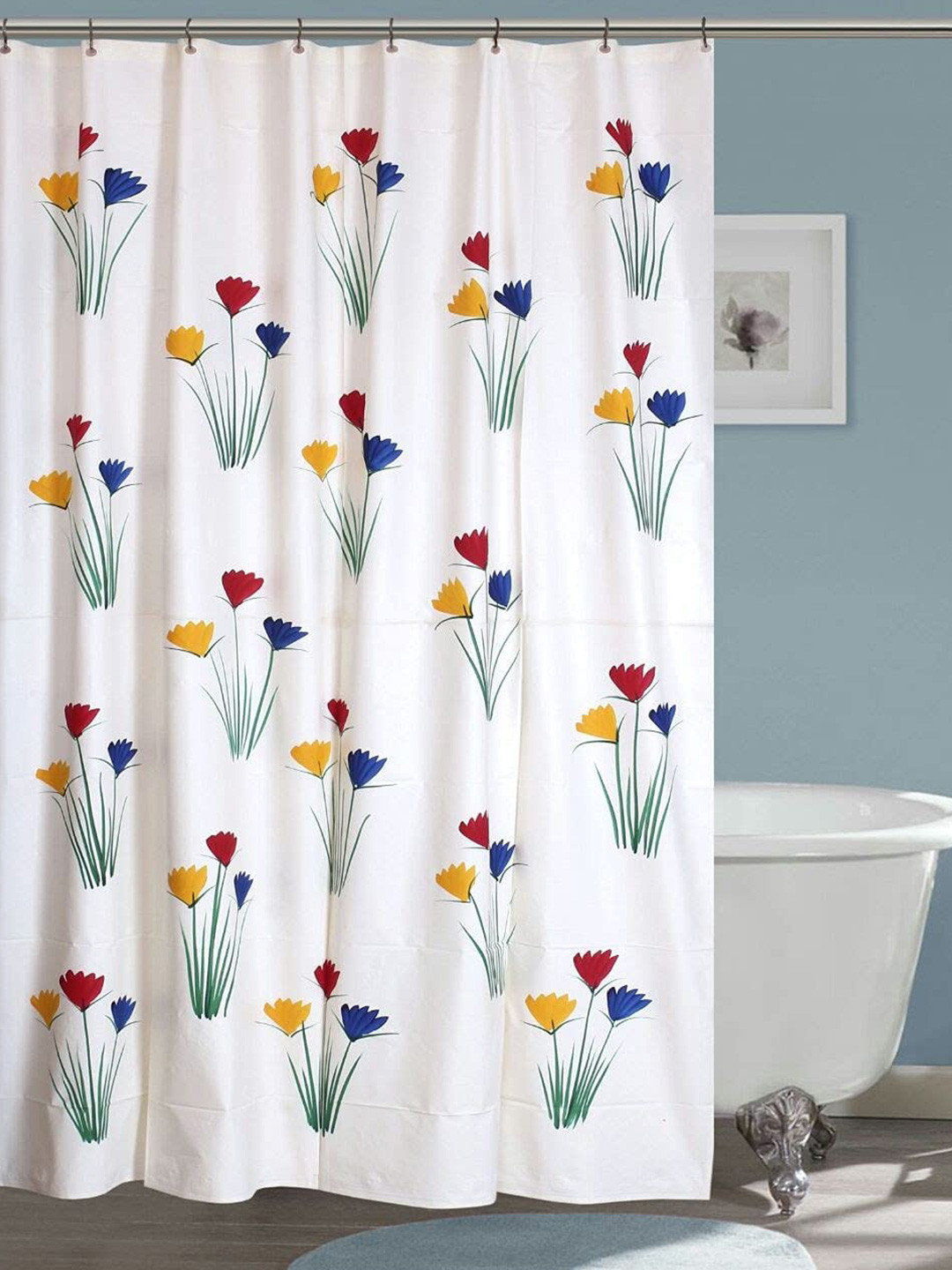 CASA-NEST White & Red Floral Printed Waterproof Shower Curtain