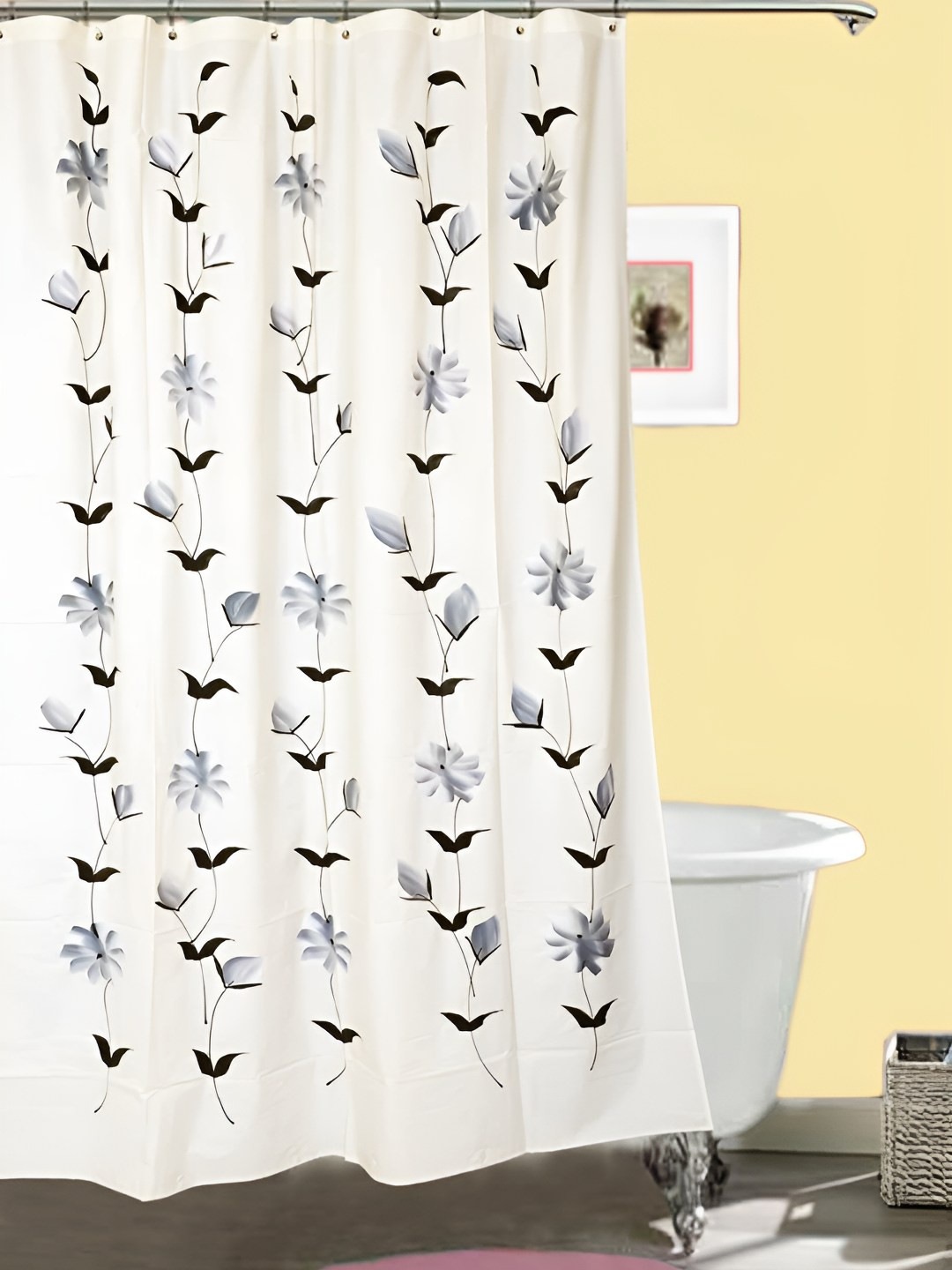 CASA-NEST White & Black Floral Printed Waterproof Shower Curtain