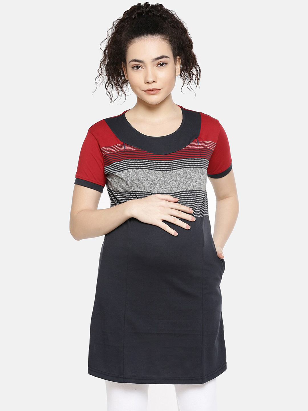 GOLDSTROMS Striped Relaxed Fit Round Neck Longline Maternity Feeding T-shirt