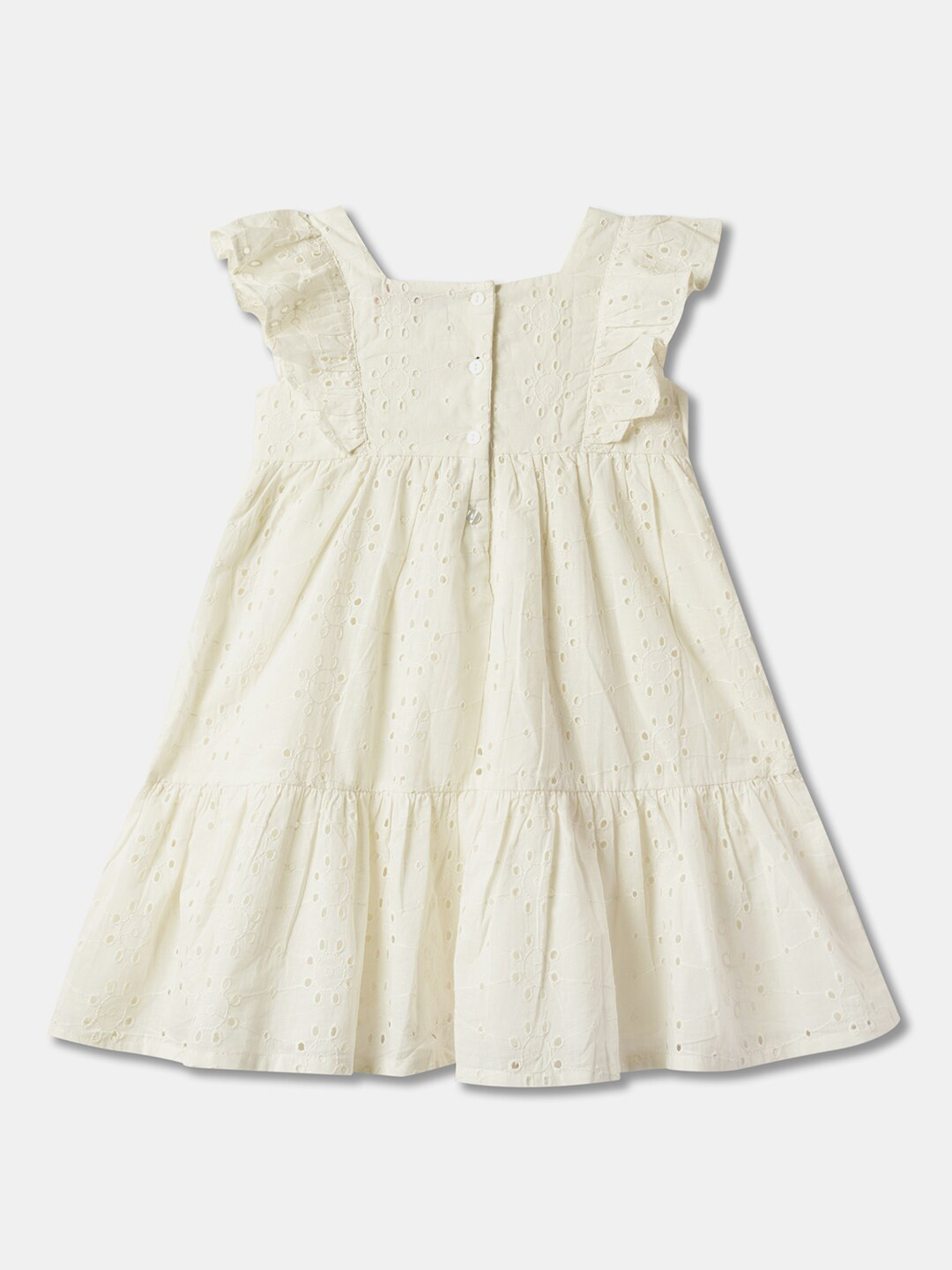 R&B Girls Square Neck Self Design Flutter Sleeves Cotton A-Line Dress