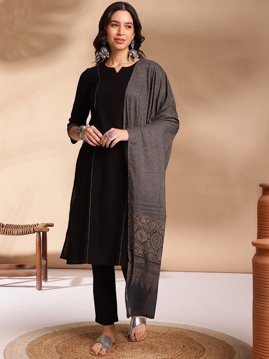 Anouk Contrast Cuff Kurta with Trousers & Dupatta