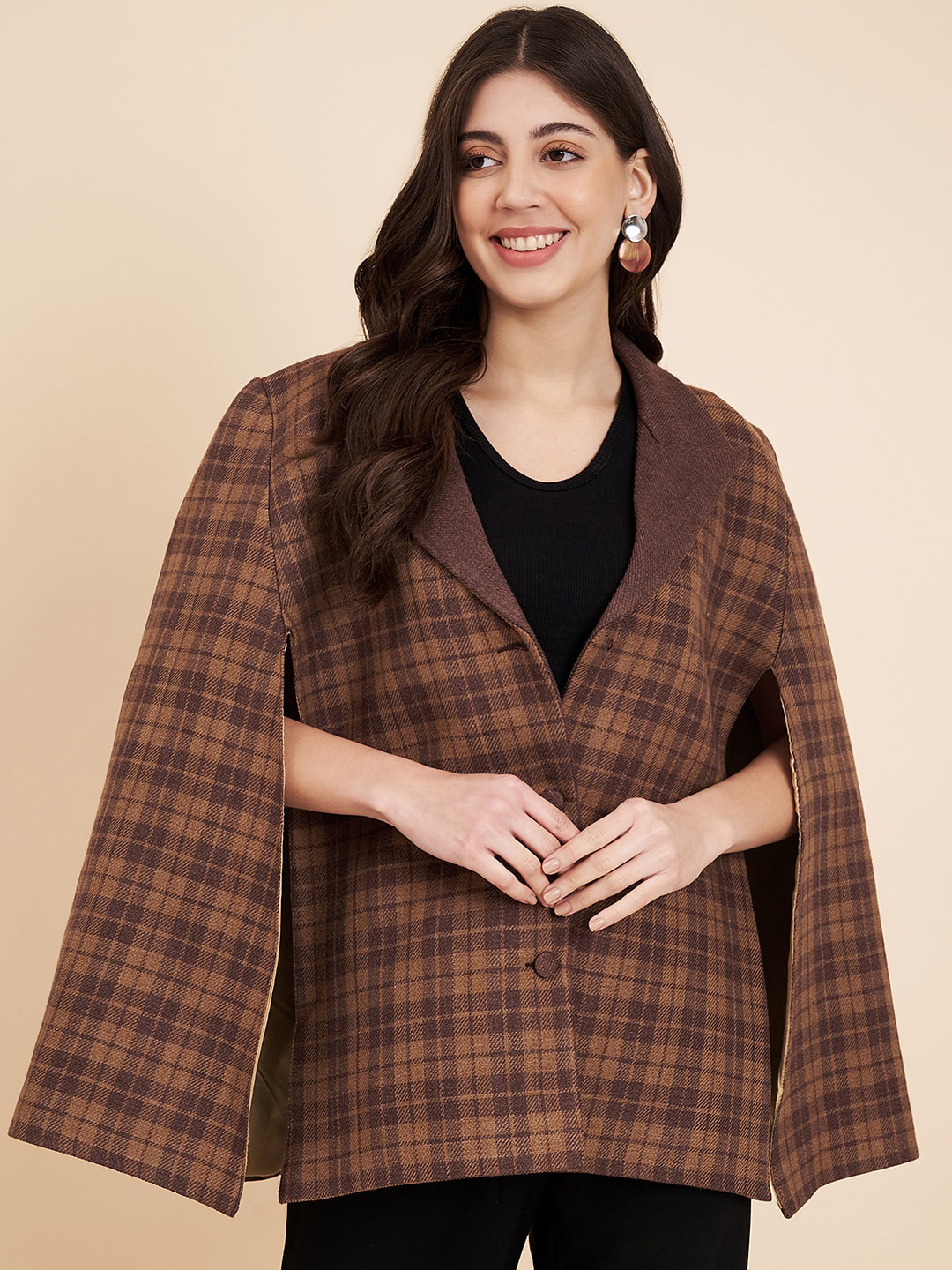 Zamour Checked Lapel Collar Cape Jacket