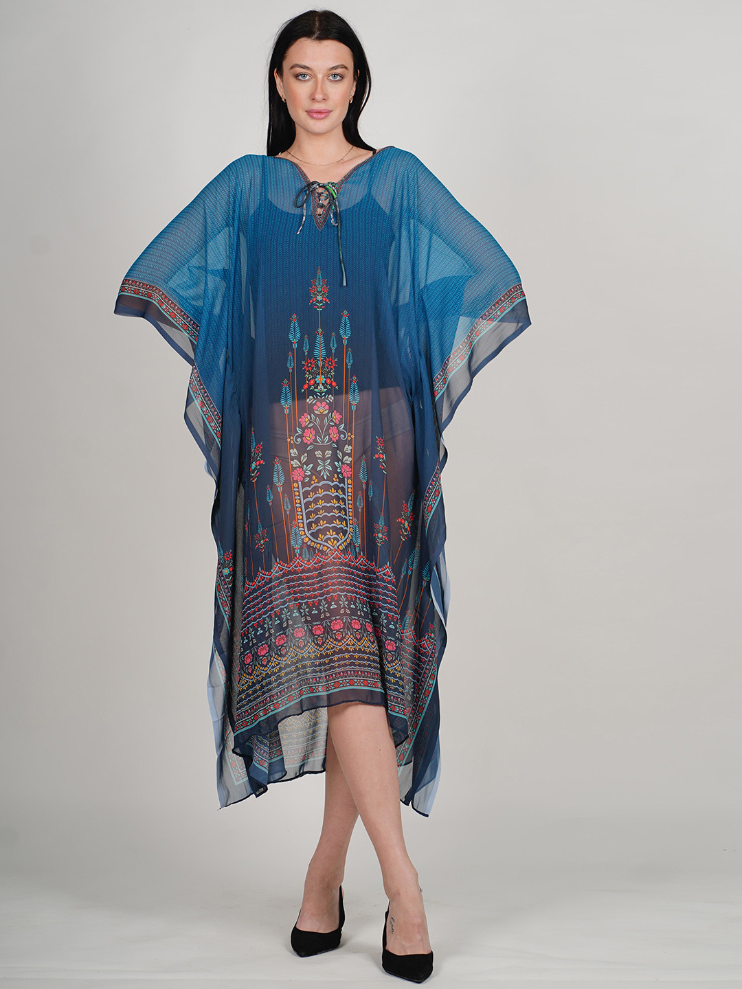 Rajoria Instyle Floral Printed Tie-Up Neck Extended Sleeves Georgette Kaftan Midi Dress