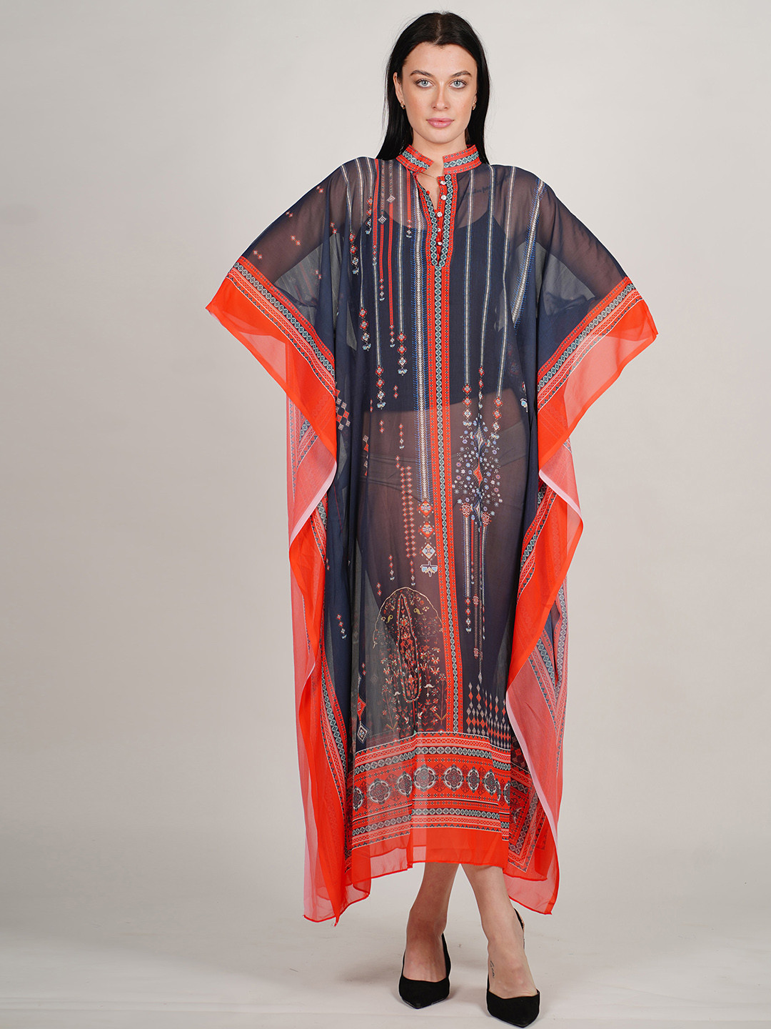 Rajoria Instyle Floral Printed Mandarin Collar Semi Sheer Georgette Kaftan Maxi Dress