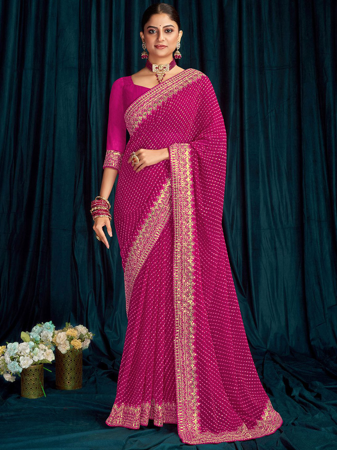 Satrani Pink Striped Printed Zari Garad Saree