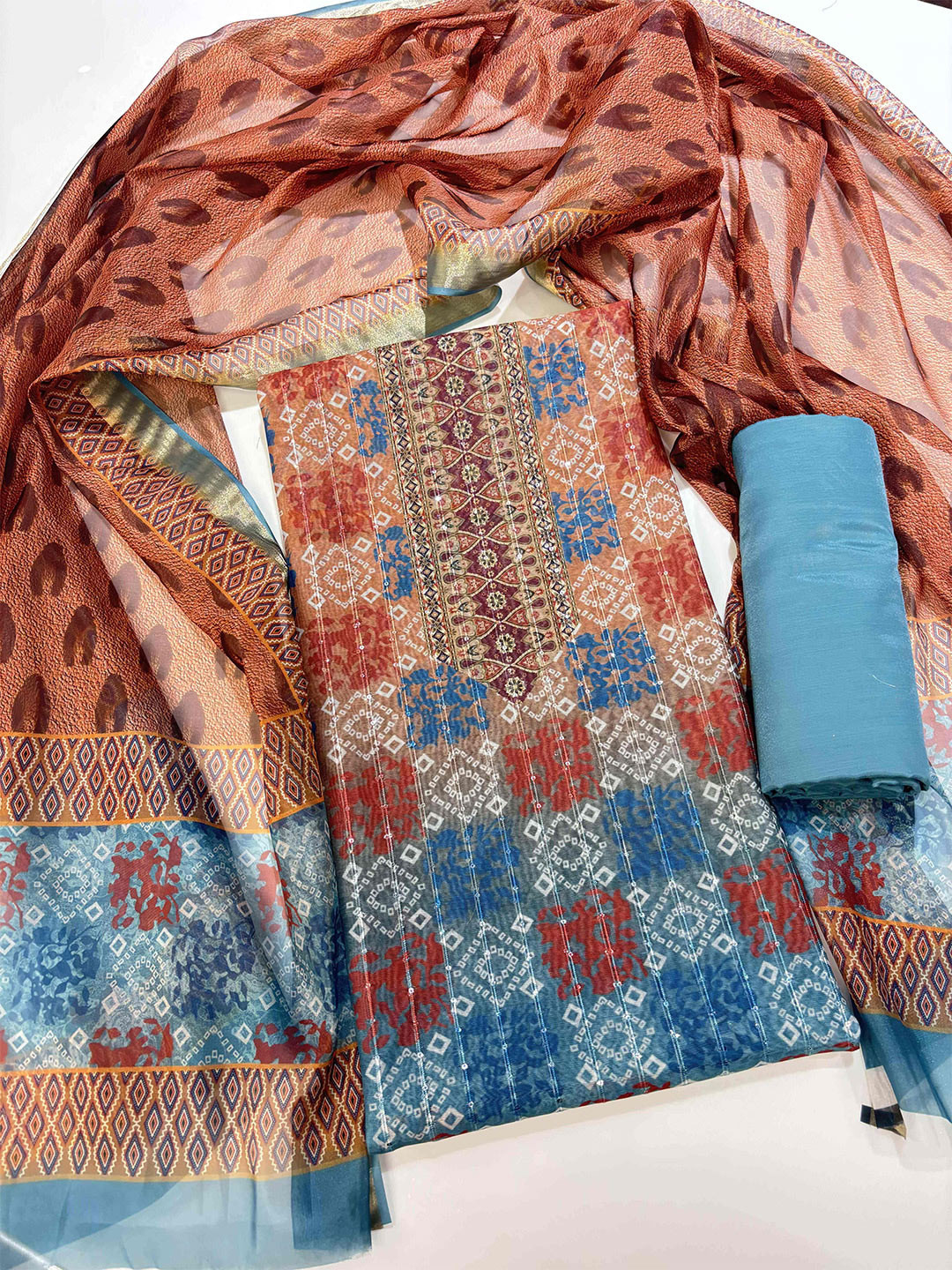 KALINI Bandhani Digital Printed Sequined Chanderi Cotton Unstitched Dress Material