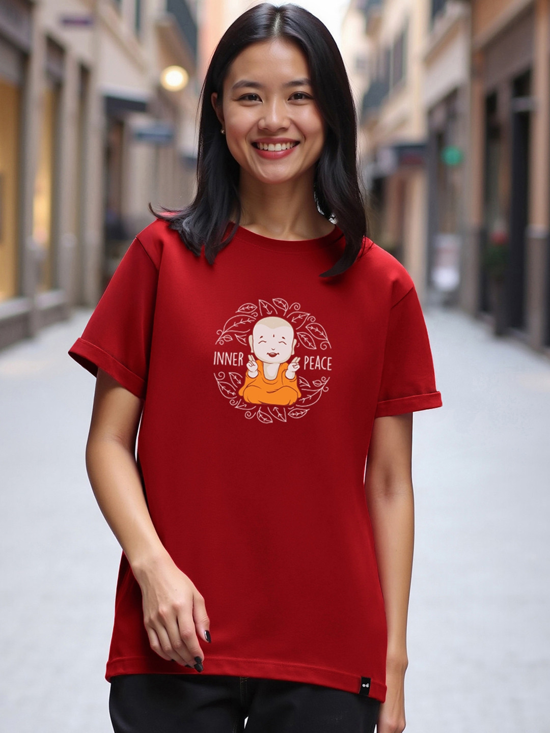 Bewakoof Women Red Inner Peace Boyfriend Graphic Printed Cotton Relaxed Fit T-shirt