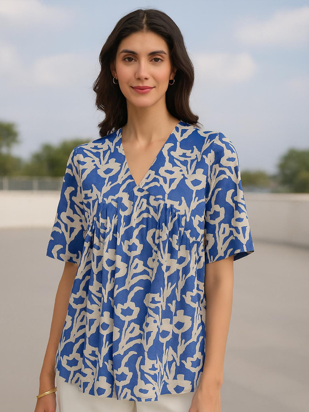 Pink Fort Printed V-Neck Pure Cotton Top