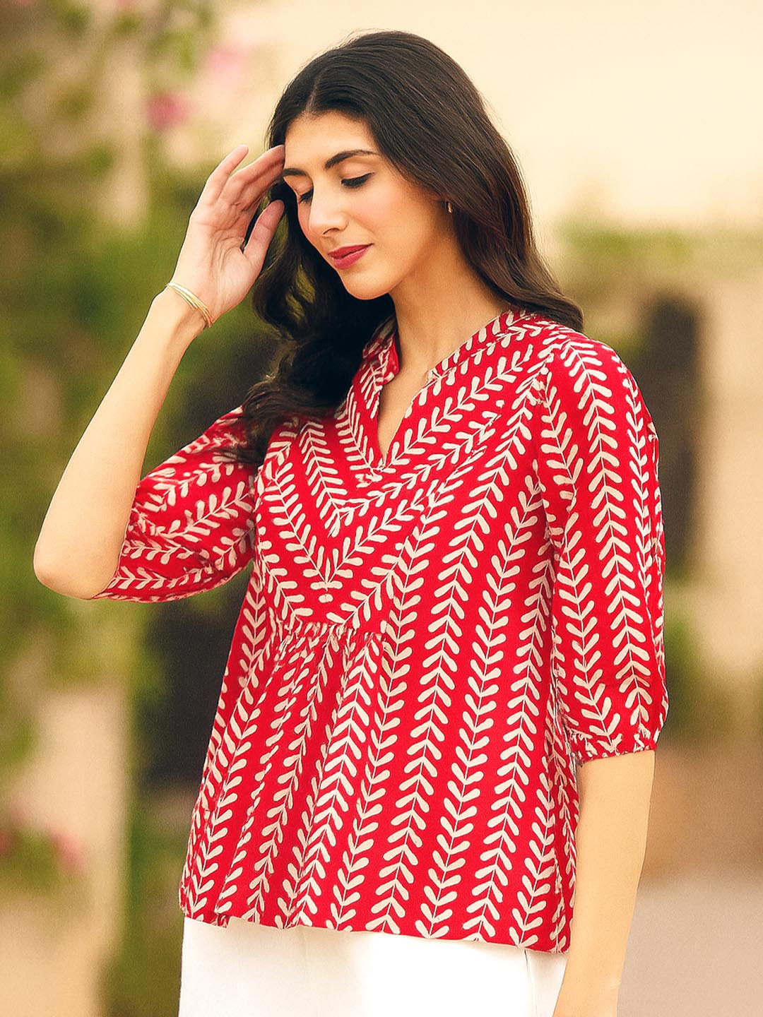 Pink Fort Cotton Striped Print Top - Red