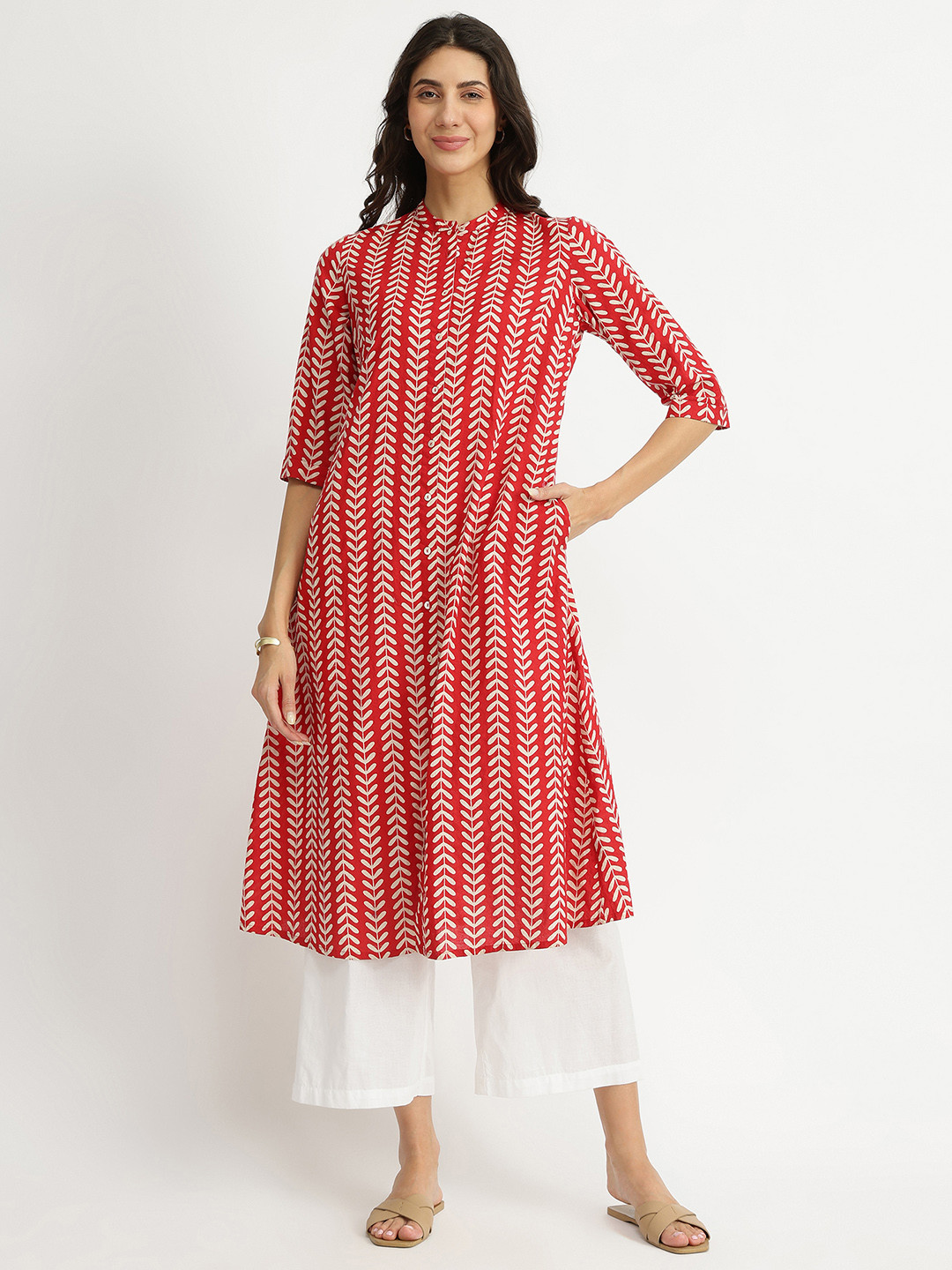 Pink Fort Striped A-Line Pure Cotton Kurta