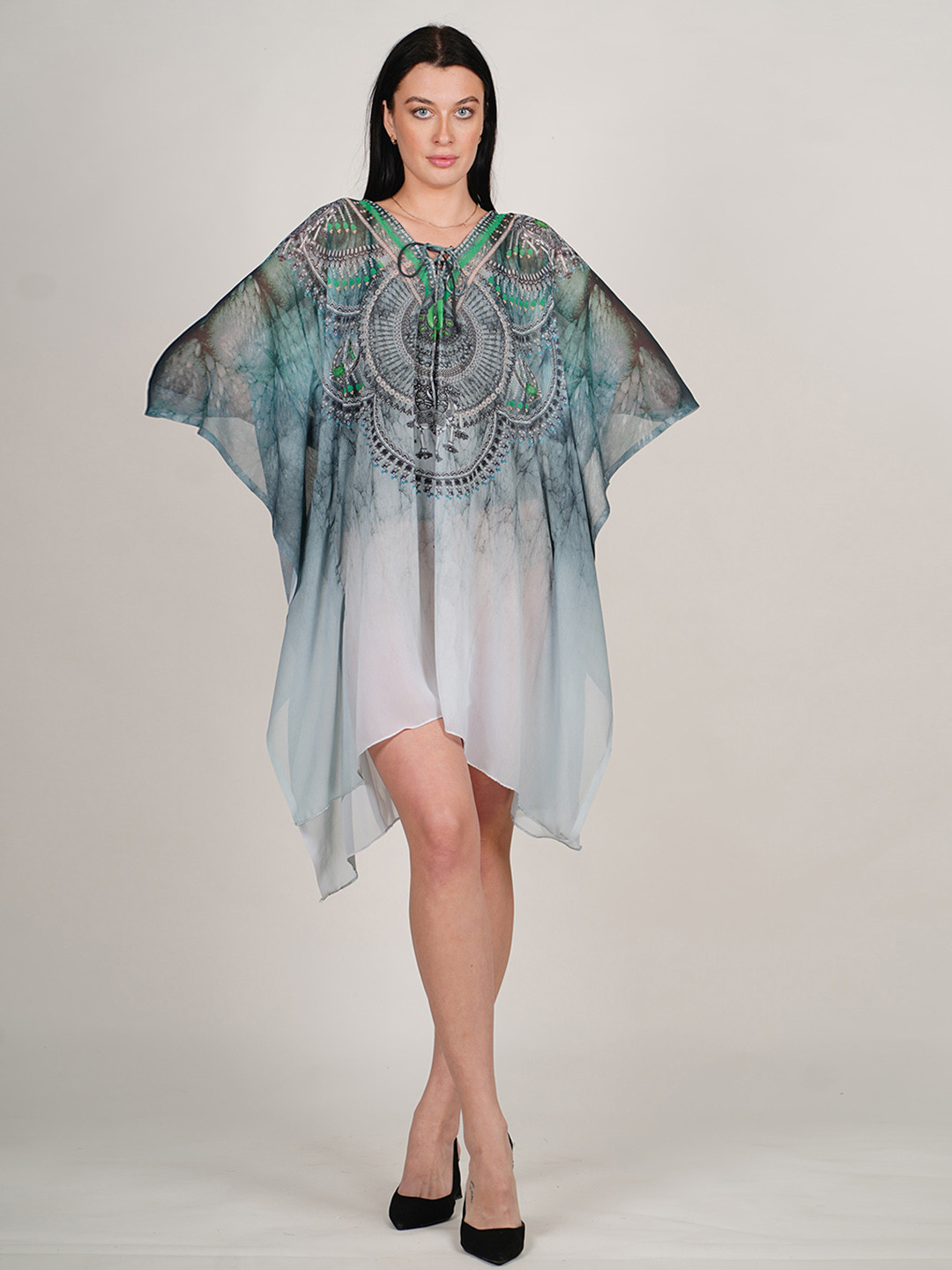 Rajoria Instyle Abstract Printed Extended Sleeves Georgette Kaftan Dress