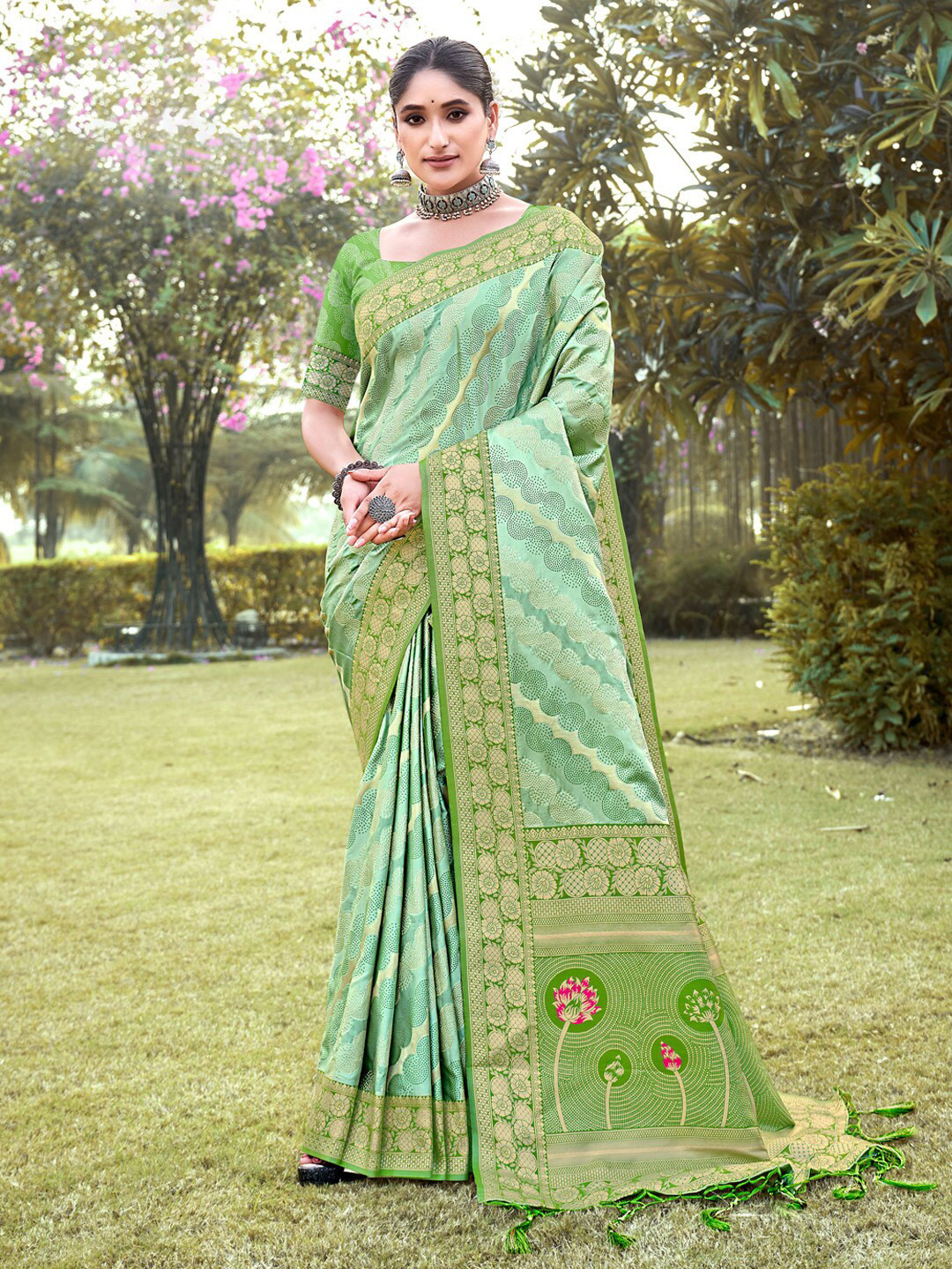 Mitera  Light Green Ethnic Motifs Woven Design Zari Saree