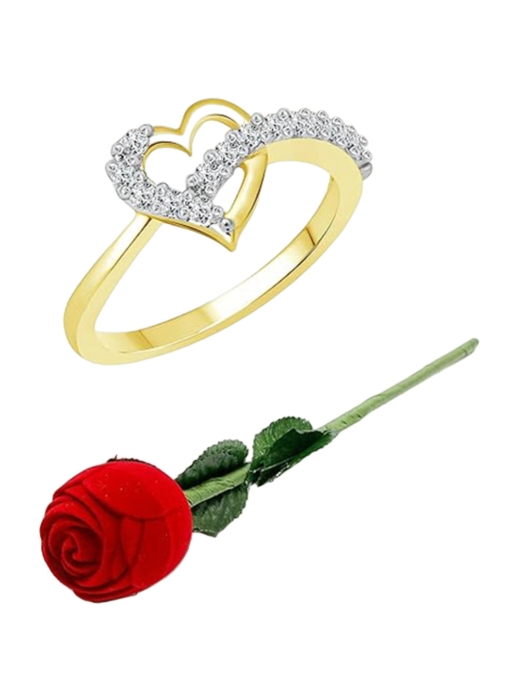 Vighnaharta Women Gold-Plated Cubic Zirconia Studded Ring & Velvet Rose Box Combo