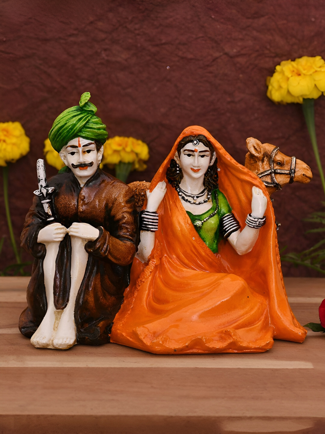 CraftVatika Couple Orange Polyresin Natural Prayer Room Small Showpiece - 6 Inches
