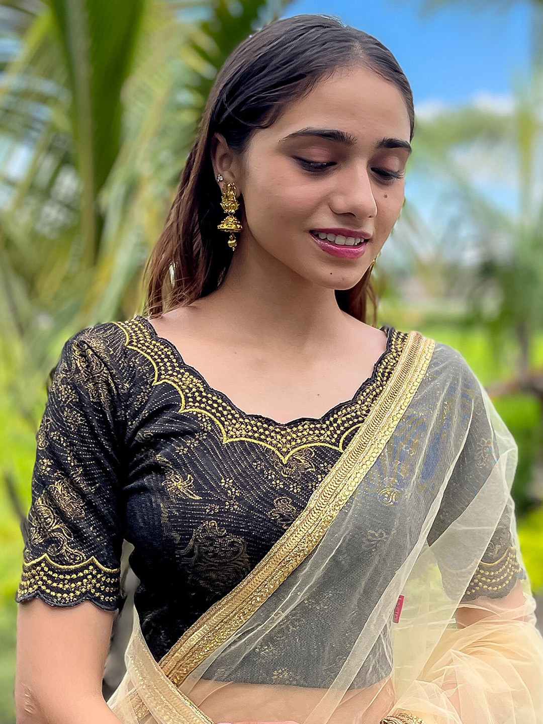 Bindigasm's Advi Floral Printed Stretchable Thread Work Jacquard Saree Blouse