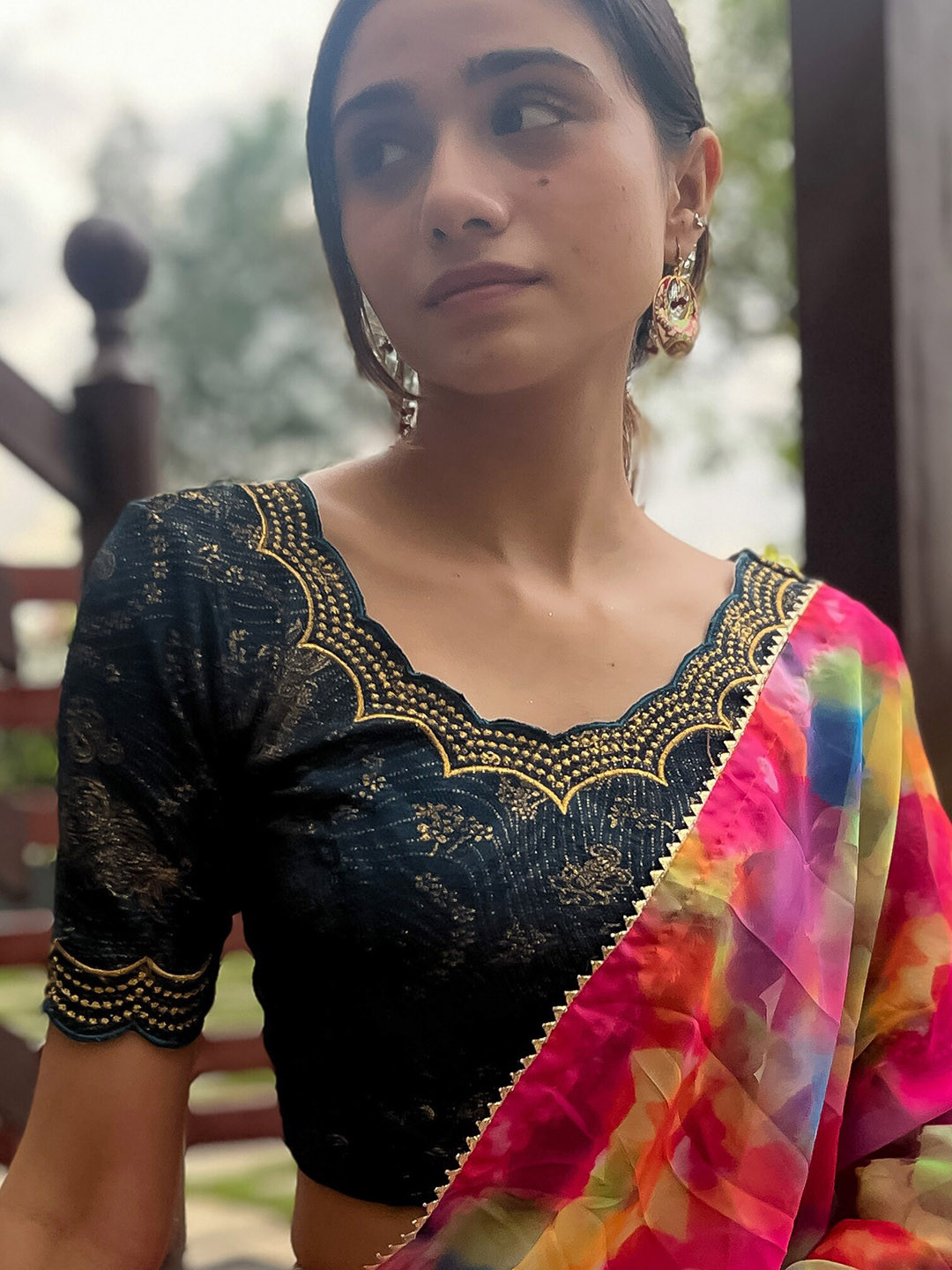 Bindigasm's Advi Floral Printed Stretchable Thread Work Jacquard Saree Blouse