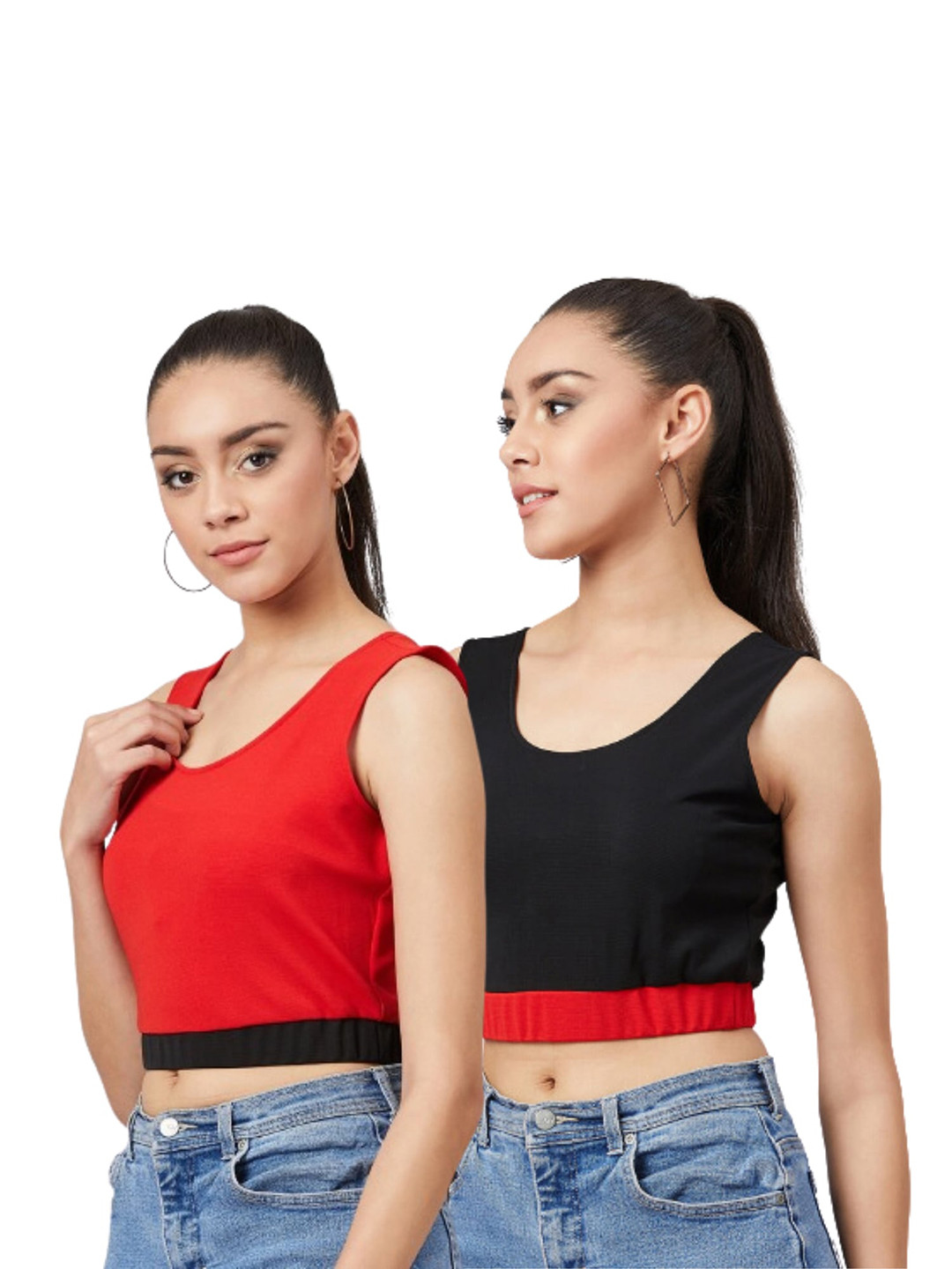 Athena Pack Of 2 Red & Black Scoop Neck Crop Top
