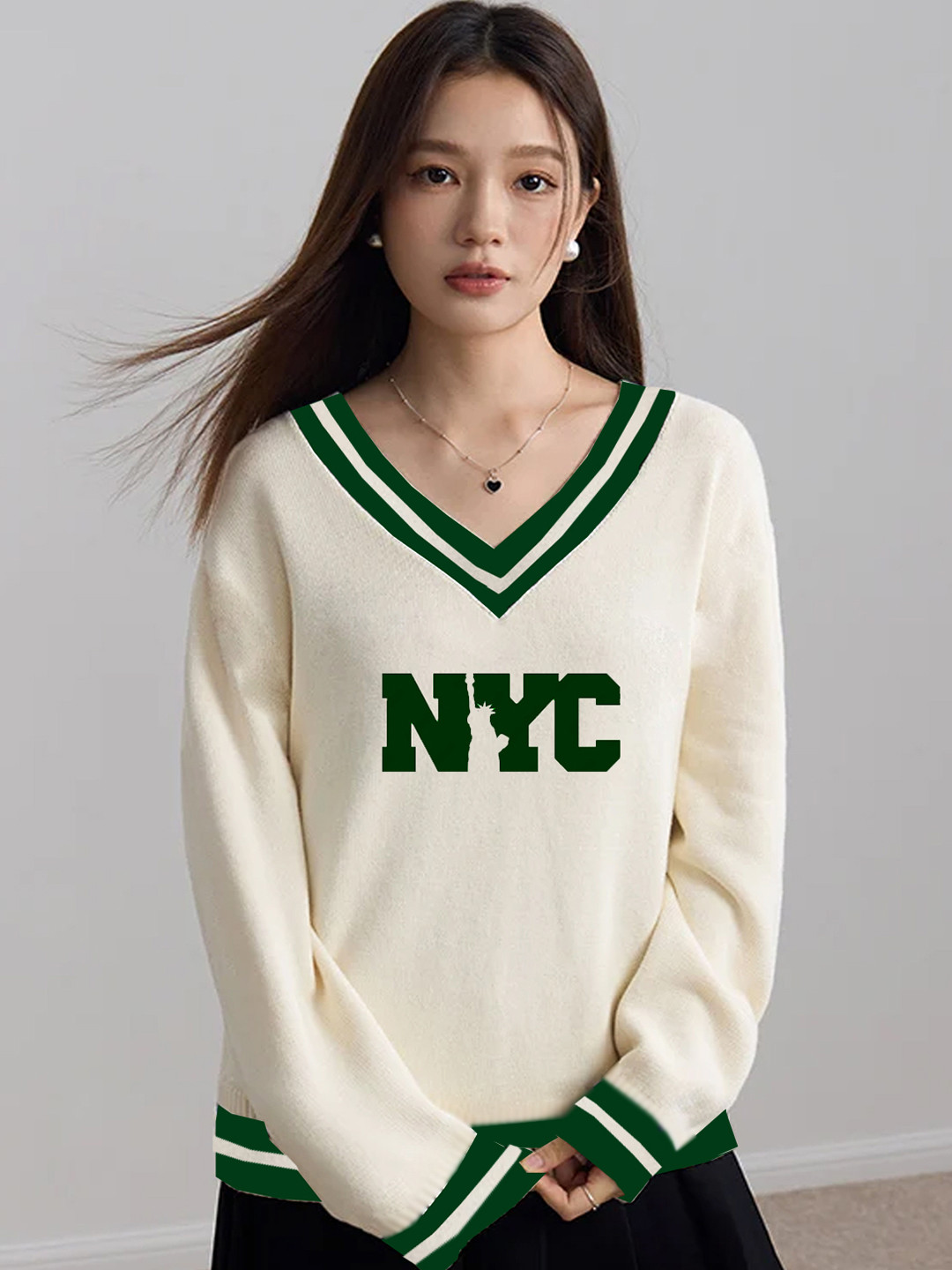 CLAFOUTIS Varsity Self Design V-Neck Oversized T-shirt