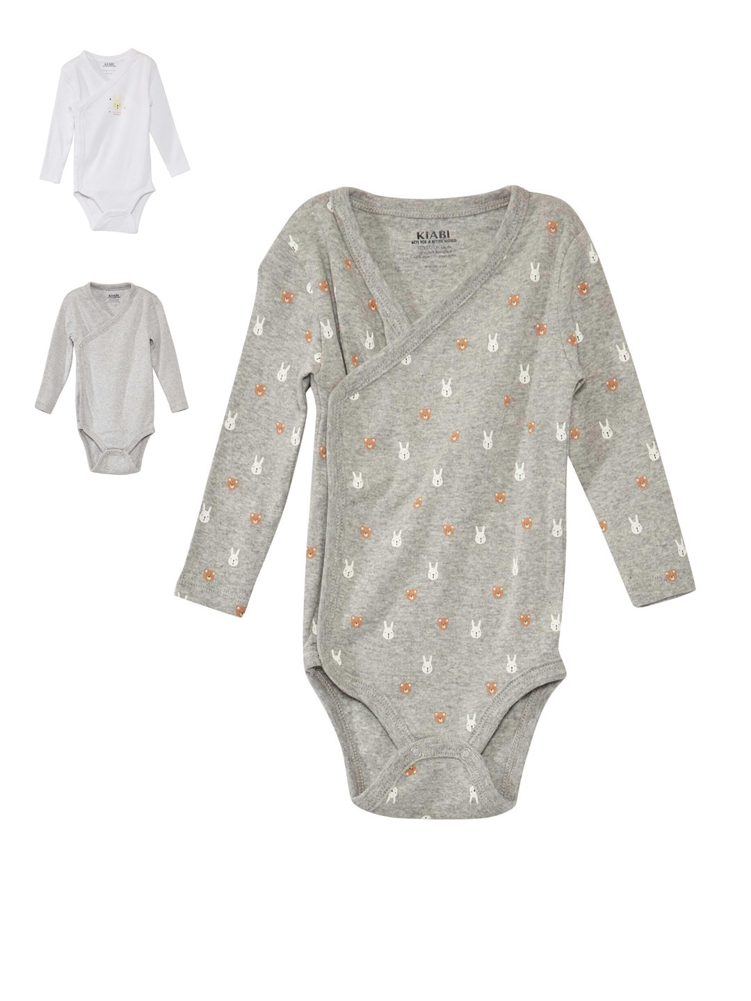 KIABI Infants Pack Of 3 Ribbed V-Neck Long Sleeves Cotton Bodysuits