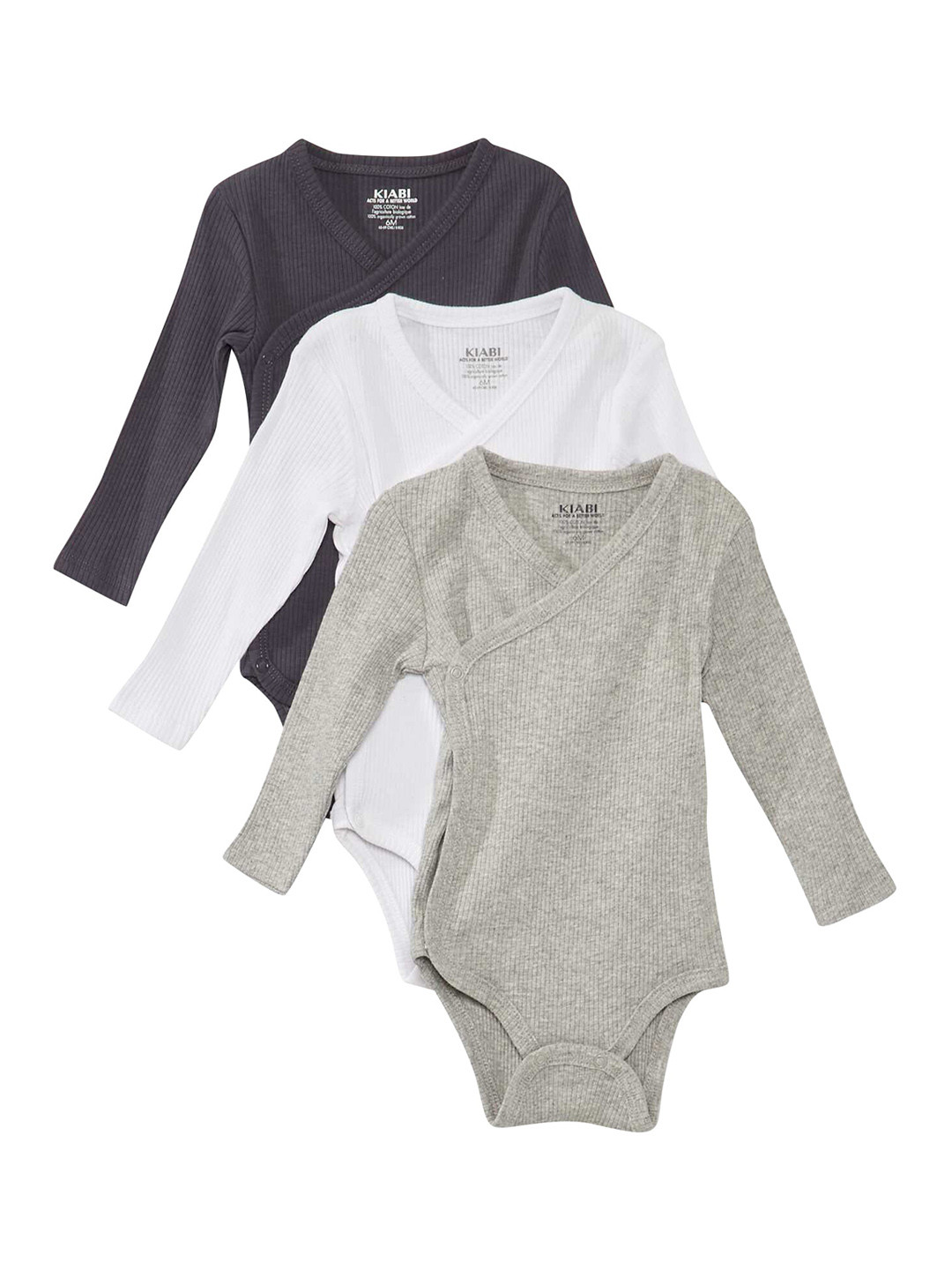 KIABI Infants Pack Of 3 Ribbed V-Neck Long Sleeves Cotton Bodysuits