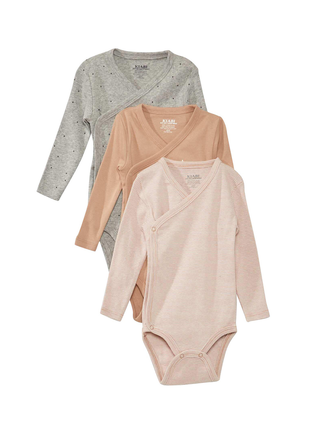 KIABI Infants Pack Of 3 Ribbed V-Neck Long Sleeves Cotton Bodysuits