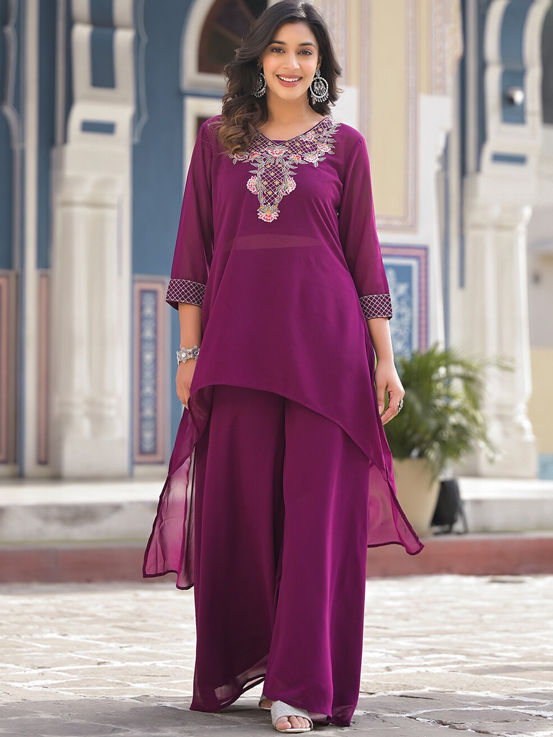 Varanga Yoke Design Embroidered High-Low A-Line Kurta With Palazzo