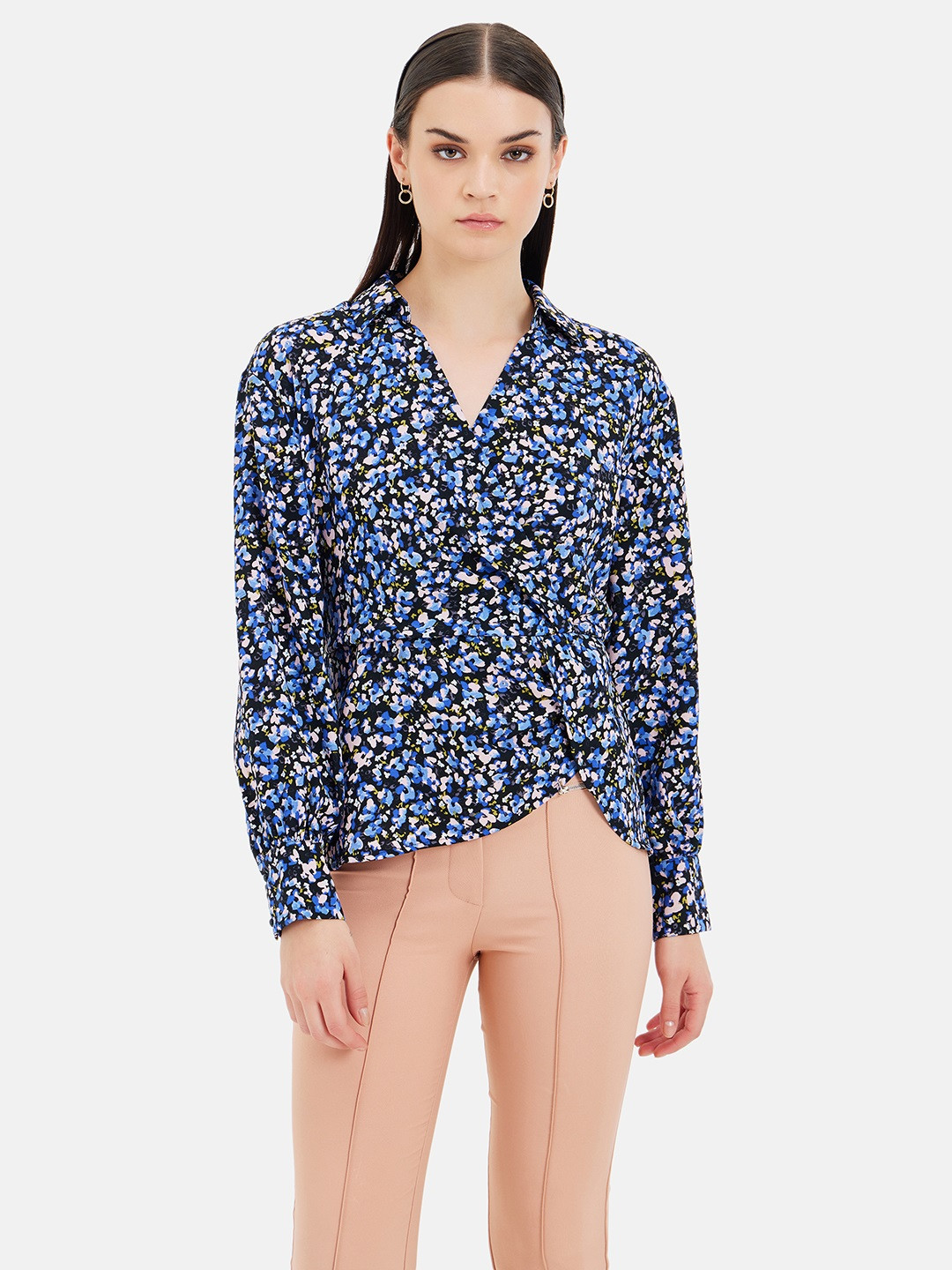 Kazo Floral Printed Shirt Collar Cuffed Sleeves Satin Style Top