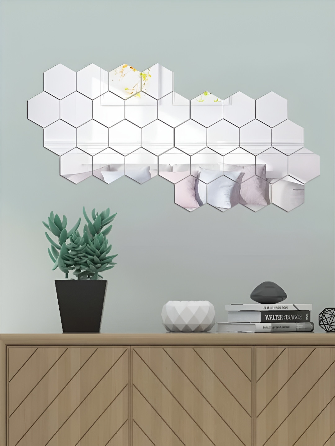 WALLWEAR Silver Toned 32 Pieces Hexagon Shaped Self Adhesive Acrylic Wall Stickers