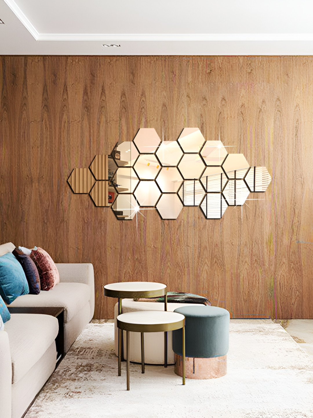 WALLWEAR Silver Toned 21Pcs  Hexagon Self Adhesive Acrylic Wall Stickers