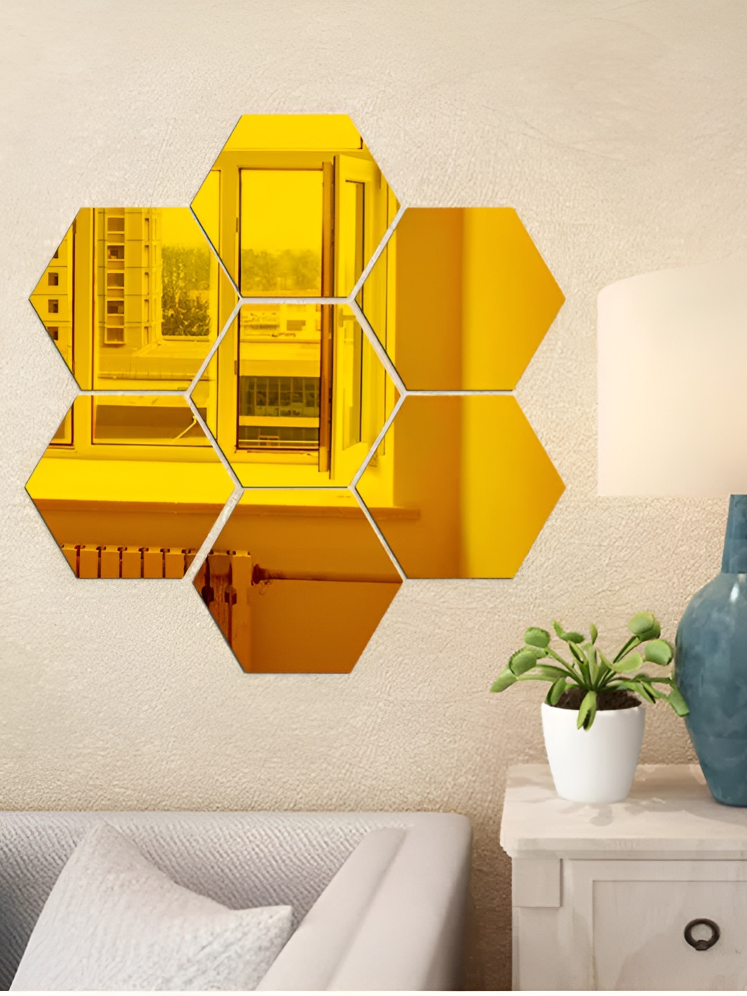 WALLWEAR Gold-Toned 7Pcs Hexagon Self Adhesive Acrylic Wall Stickers