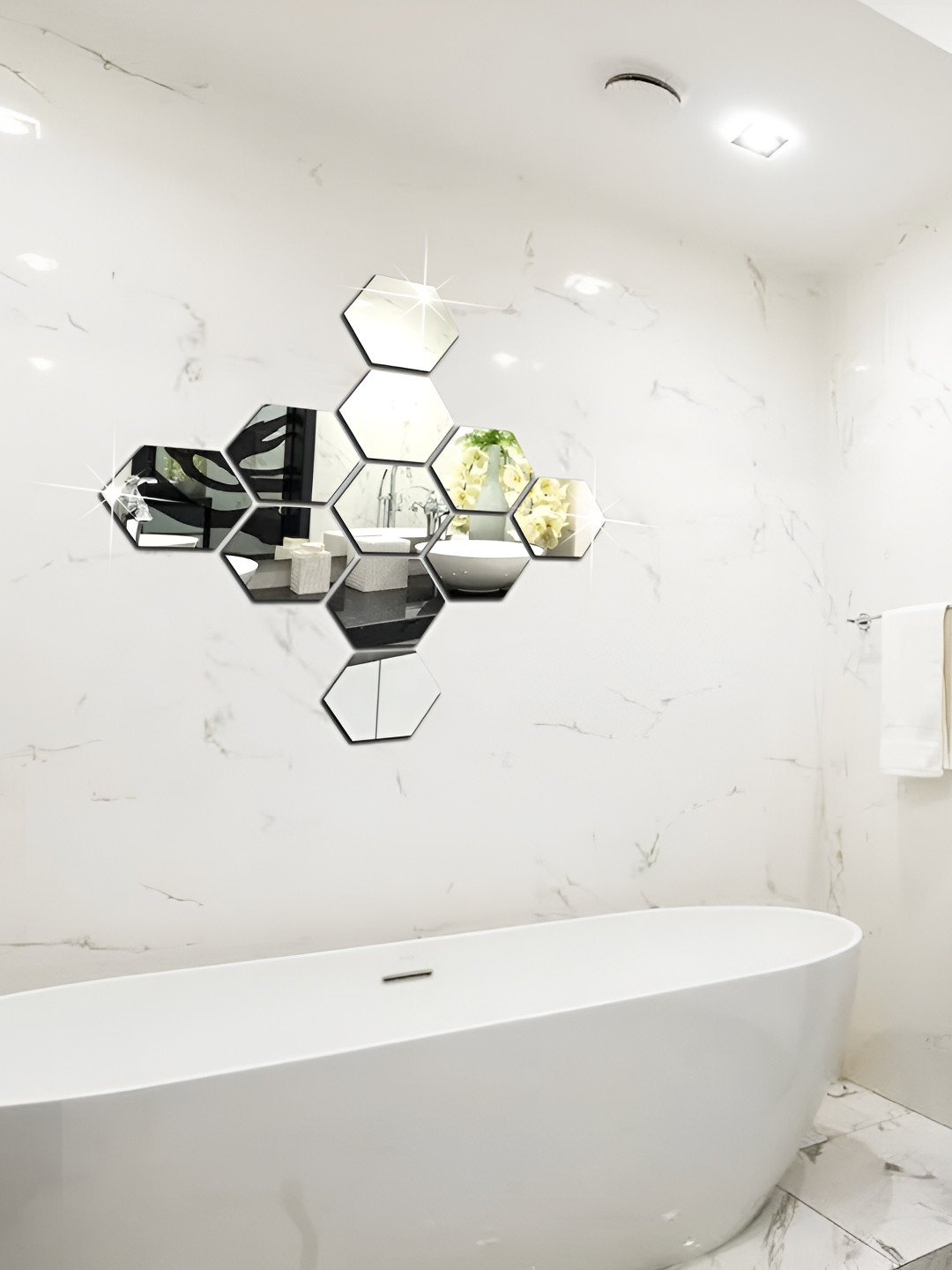 WALLWEAR Silver Toned 11 Pcs Hexagon Self Adhesive Acrylic Wall Stickers