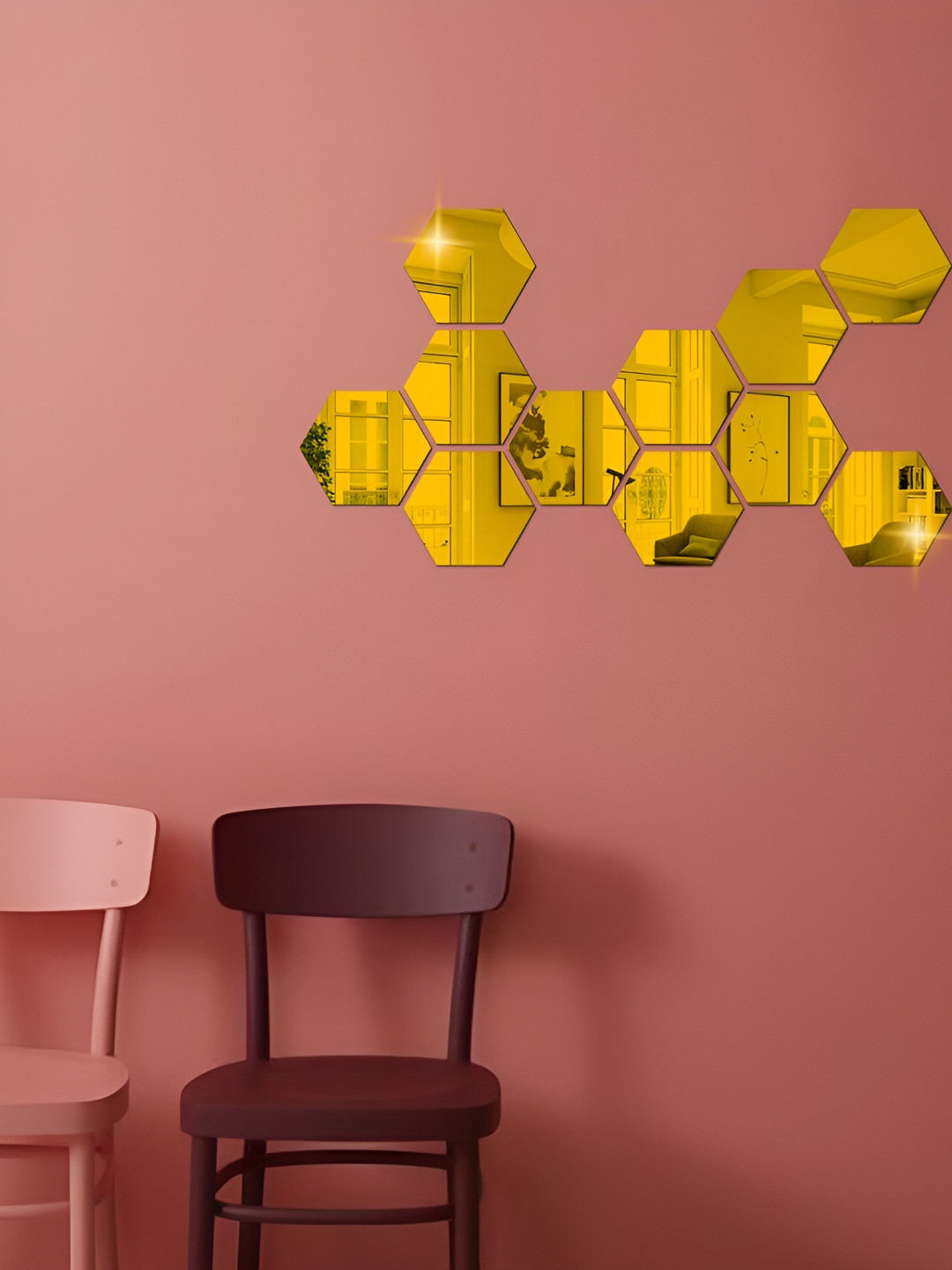 WALLWEAR Gold Toned 11 Pieces Hexagon Shaped Acrylic Wall Stickers