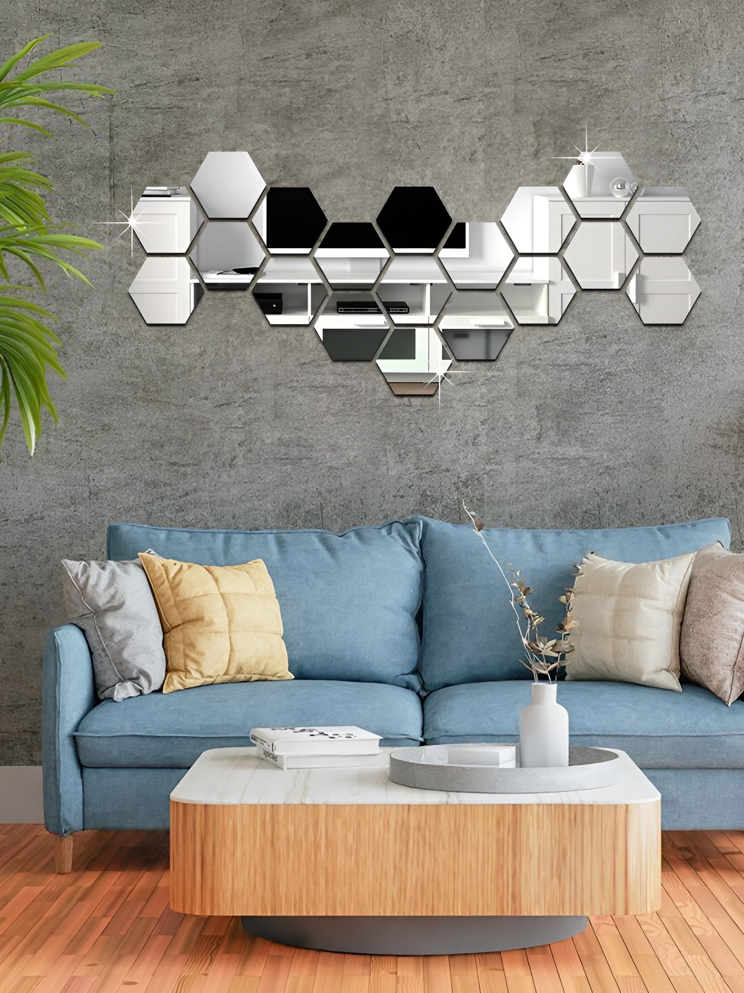 WALLWEAR Silver Toned 19 Pieces Hexagon Shaped Acrylic Wall Stickers