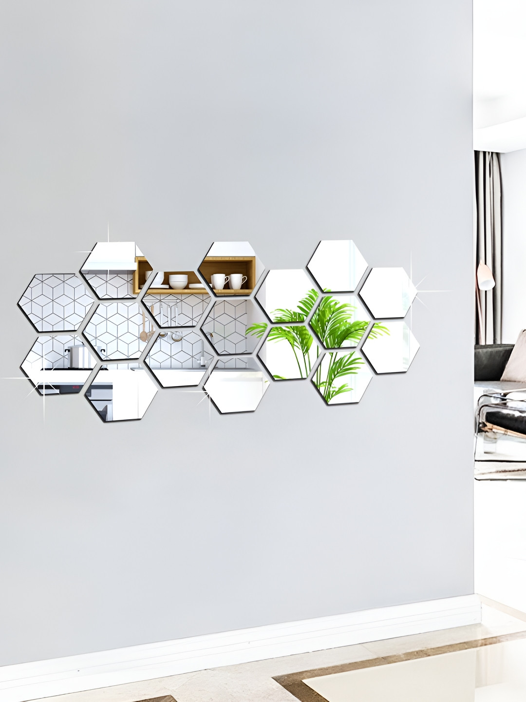 WALLWEAR Silver Toned 17 Pcs Hexagon Self Adhesive Acrylic Wall Stickers