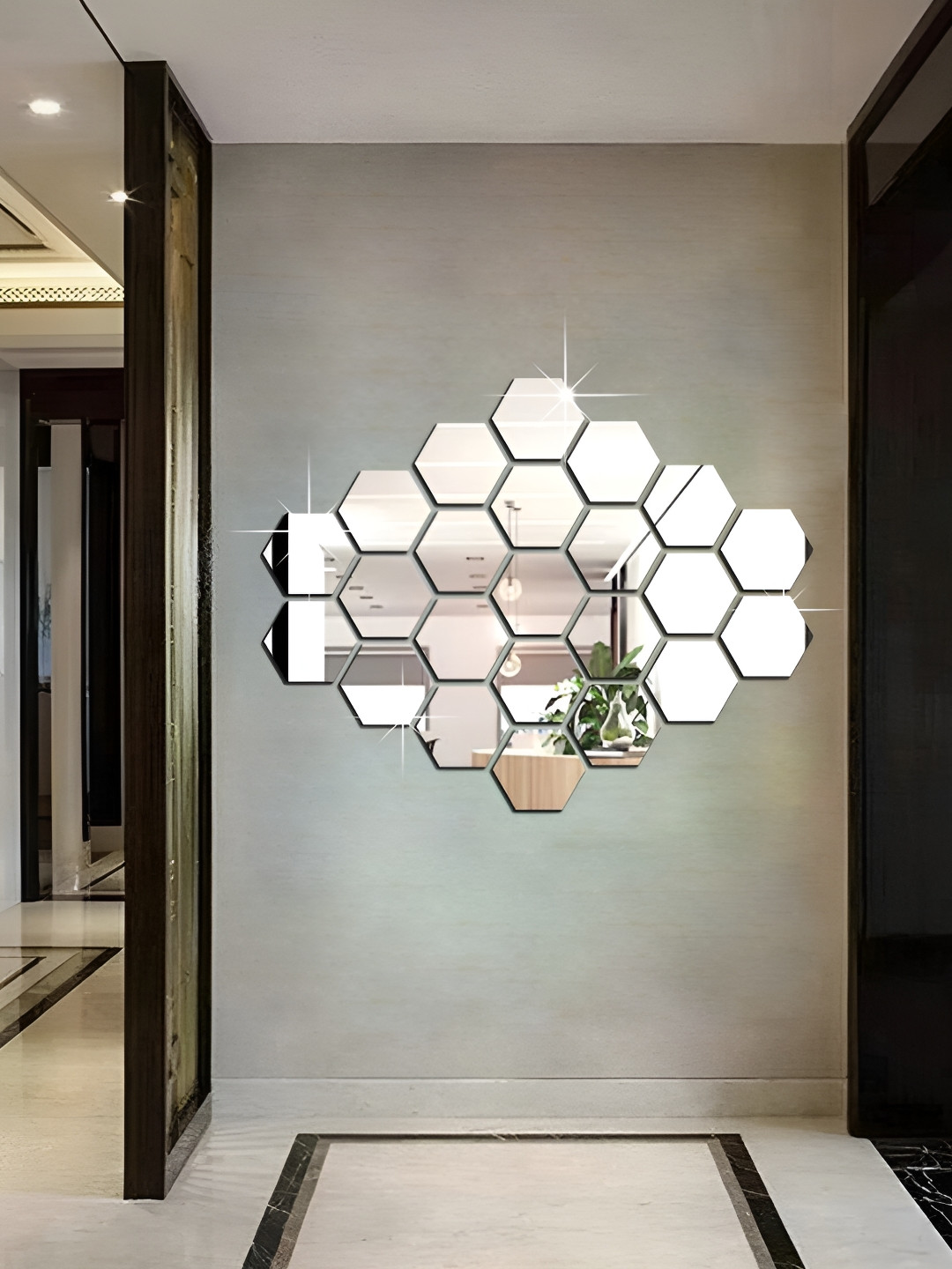 WALLWEAR Silver-Toned 23Pcs Hexagon Self Adhesive Acrylic Wall Stickers