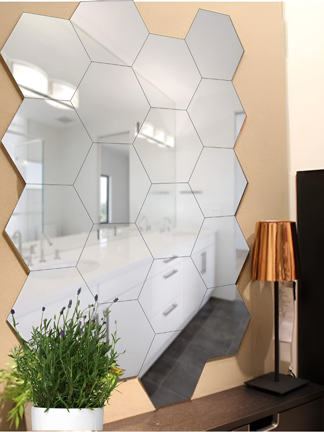 WALLWEAR Silver-Toned 19Pcs Hexagon Self Adhesive Acrylic Wall Stickers