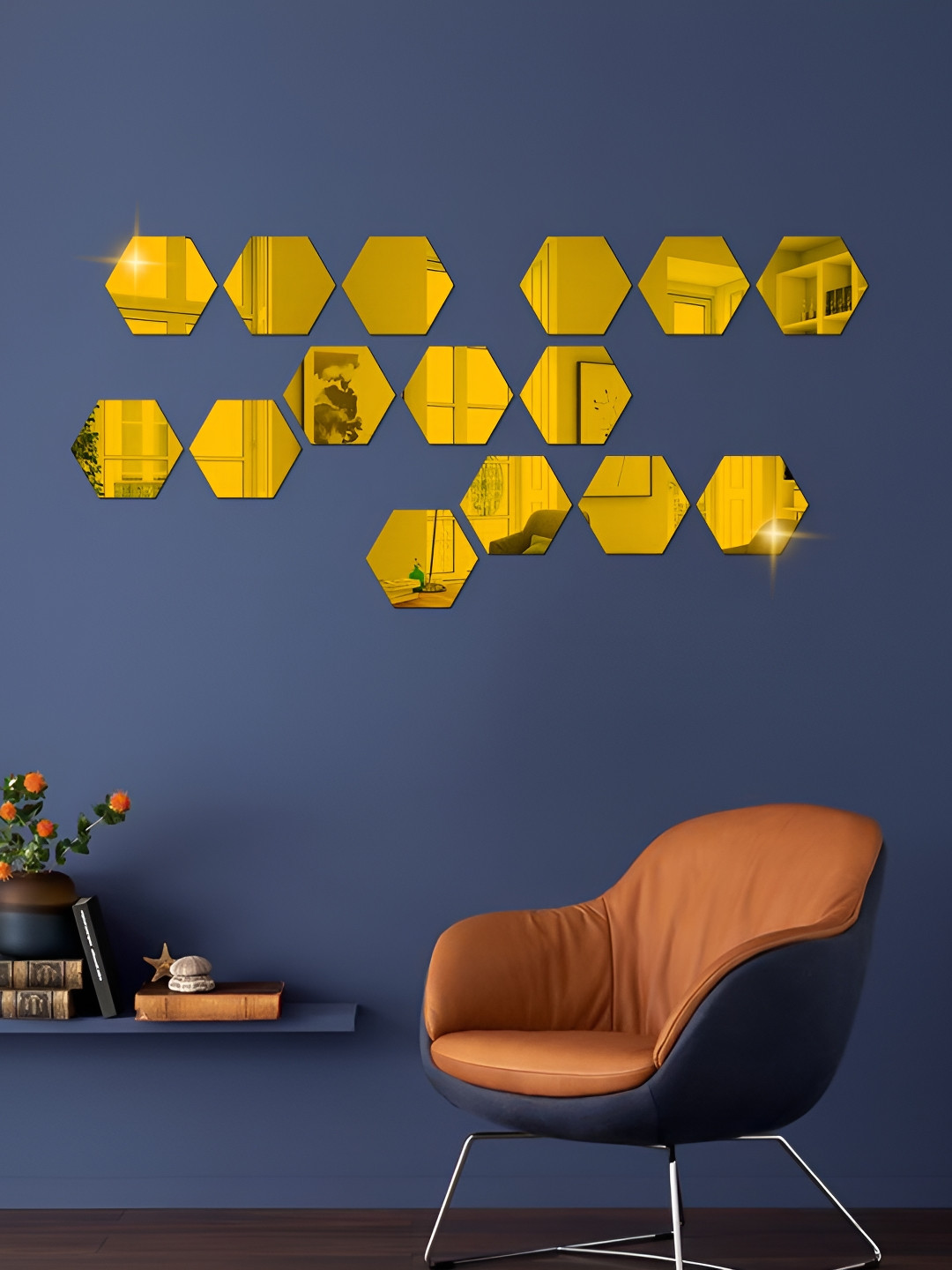 WALLWEAR Gold Toned 15 Pieces Hexagon Shaped Self Adhesive Acrylic Wall Stickers