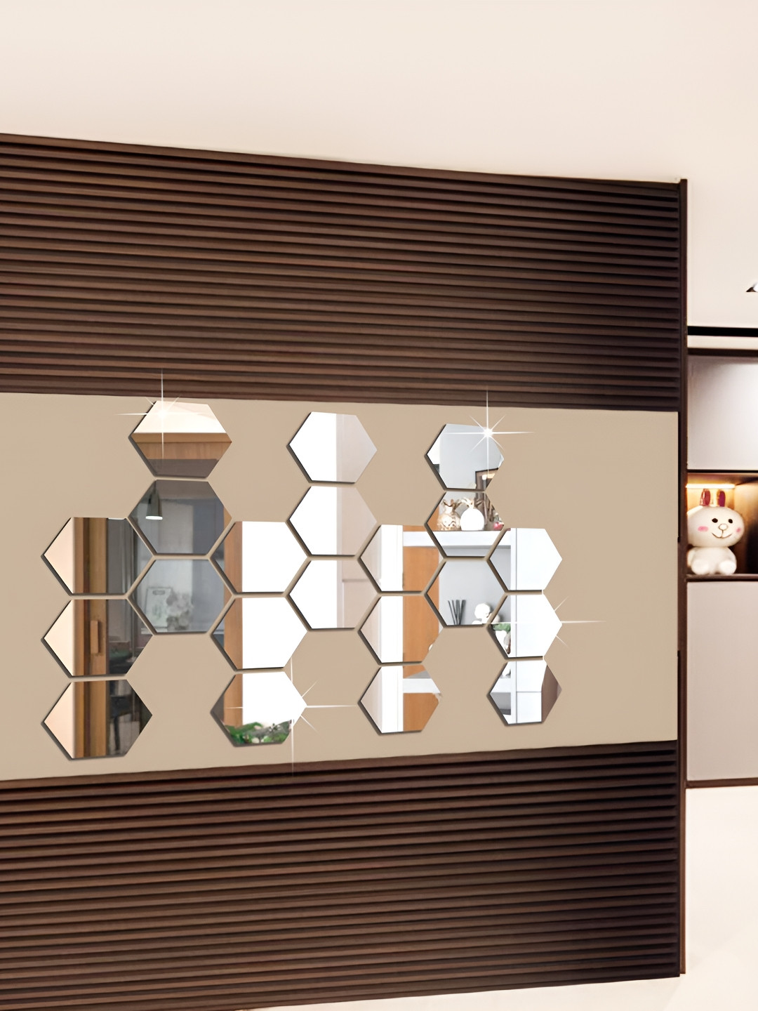 WALLWEAR Silver Toned 21Pcs Hexagon Self Adhesive Acrylic Wall Stickers