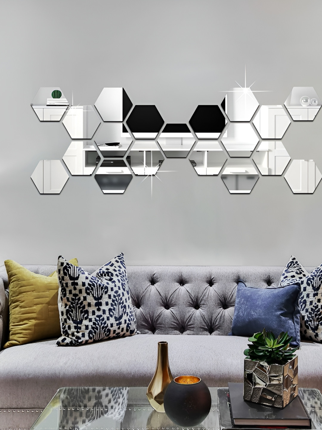 WALLWEAR Silver Toned 19 Pcs Hexagon Self Adhesive Acrylic Wall Stickers