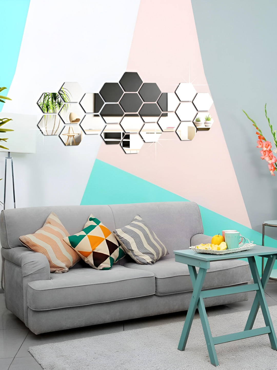 WALLWEAR Silver Toned 24 Pcs Hexagon Self Adhesive Acrylic Wall Stickers