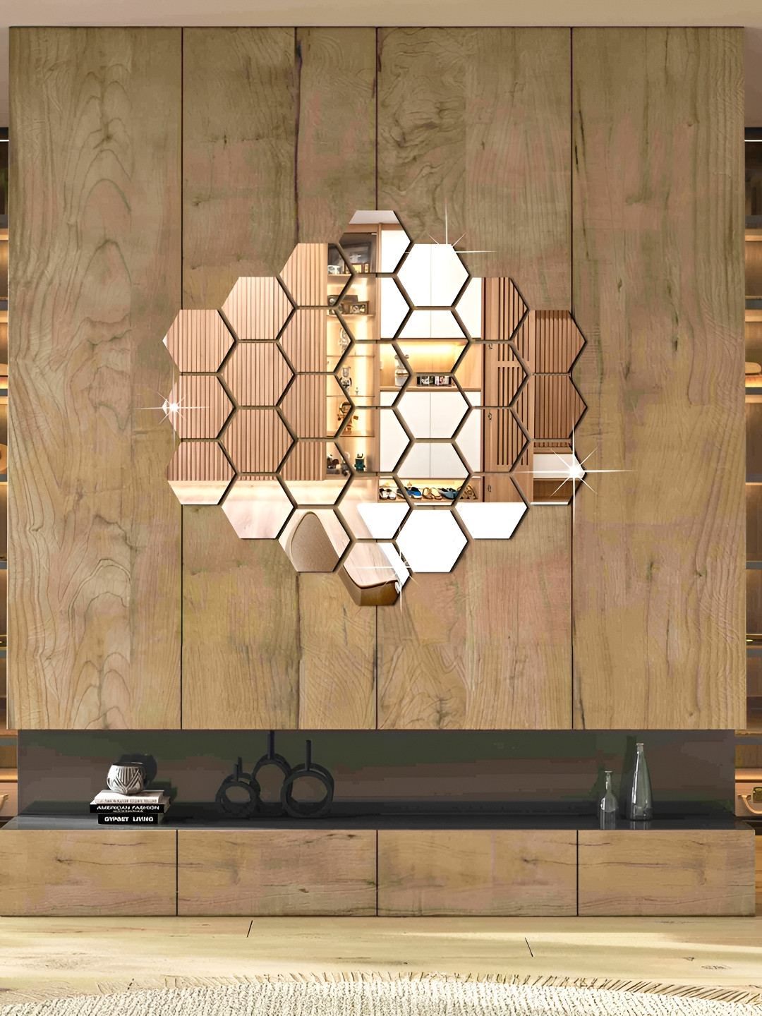 WALLWEAR Silver Toned 30 Pcs Hexagon Self Adhesive Acrylic Wall Stickers