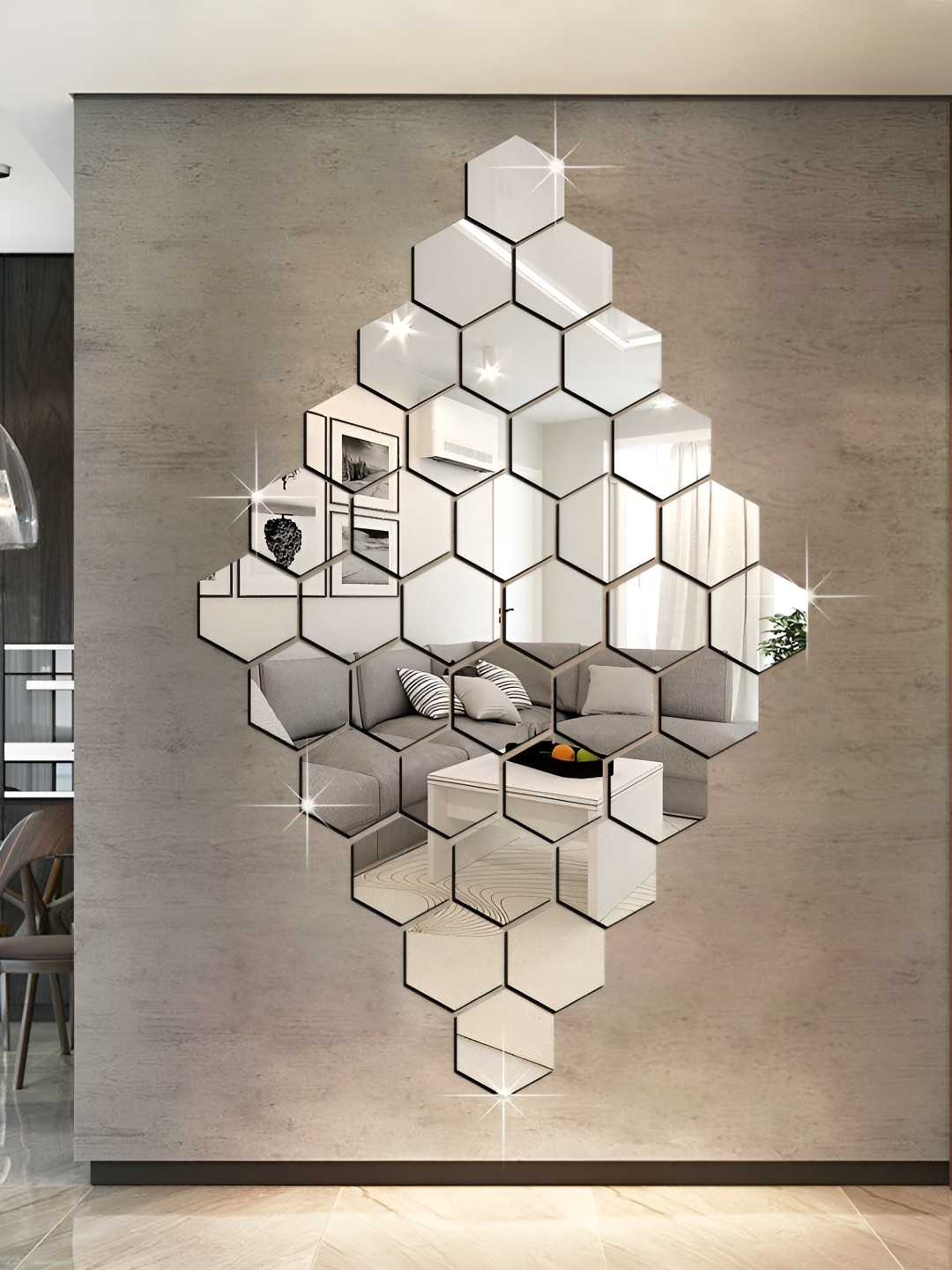 WALLWEAR Silver Toned 36 Pcs Hexagon Self Adhesive Acrylic Wall Stickers