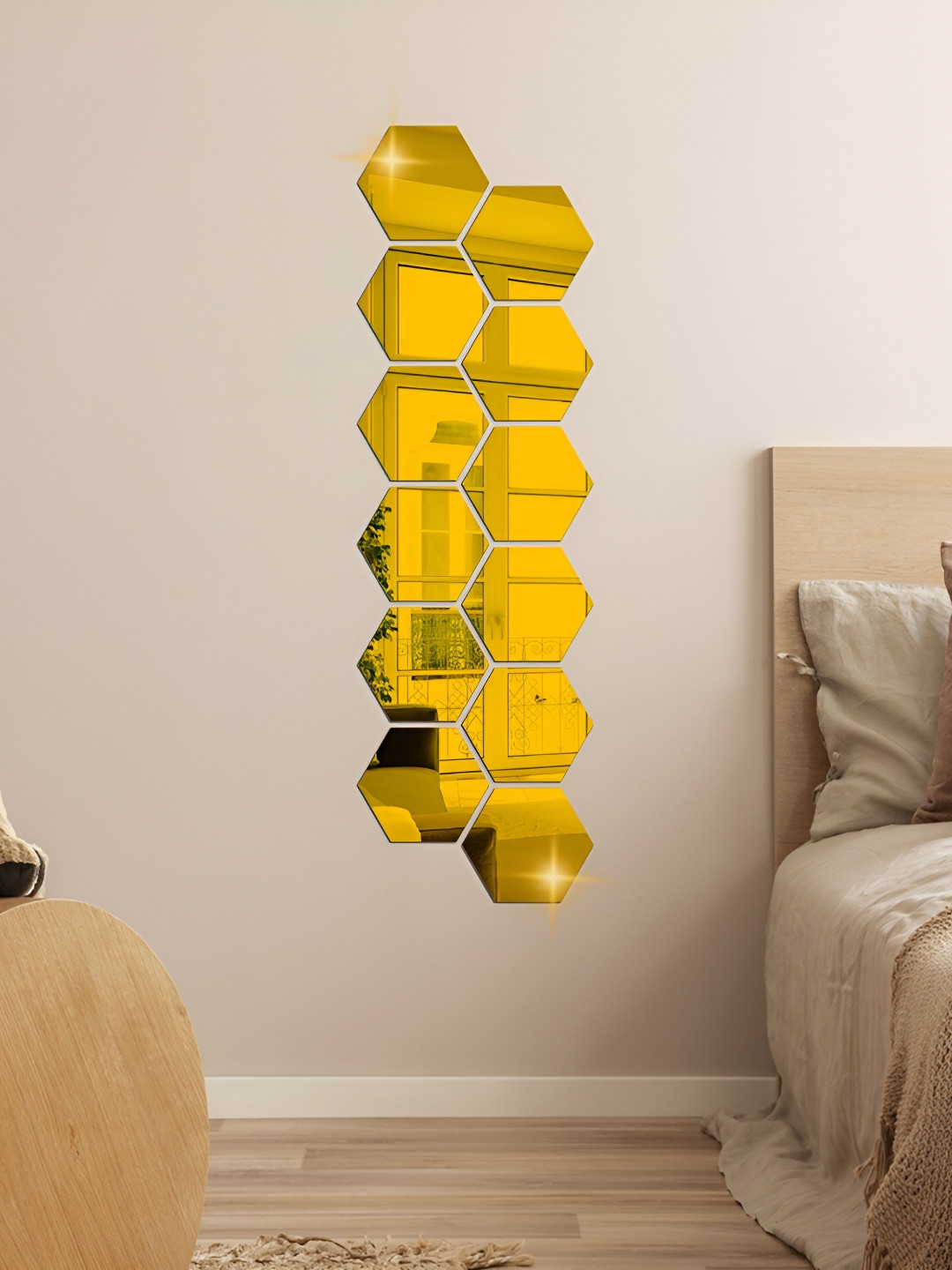 WALLWEAR Gold-Toned 12Pcs Hexagon Self Adhesive Acrylic Wall Stickers