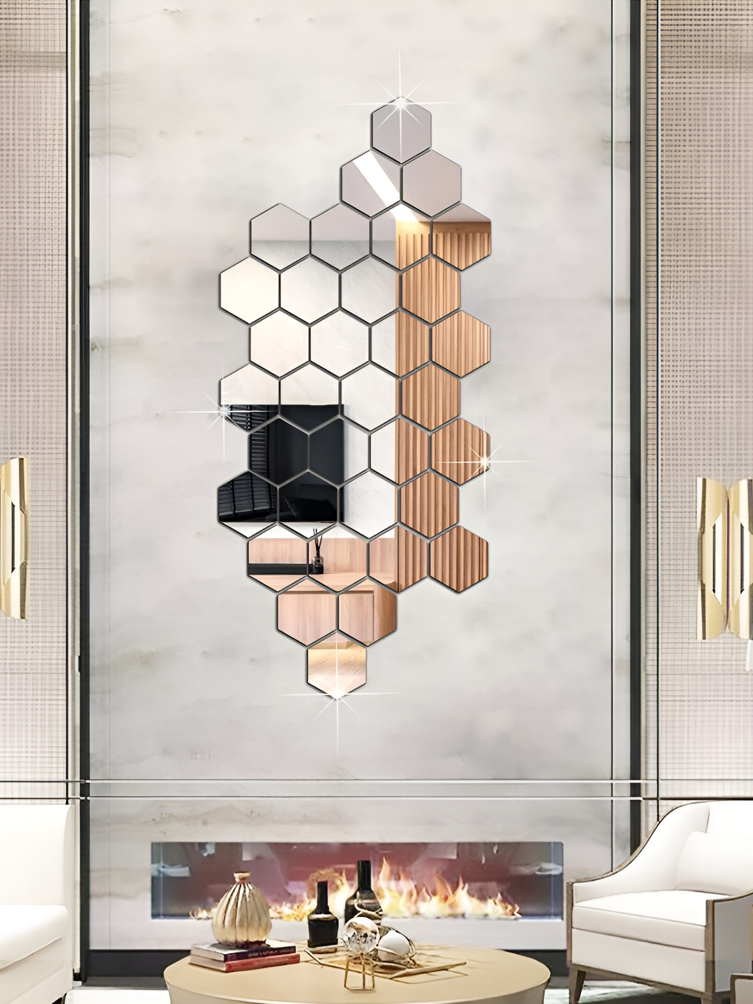 WALLWEAR Silver Toned 34 Pcs Hexagon Self Adhesive Acrylic Wall Stickers